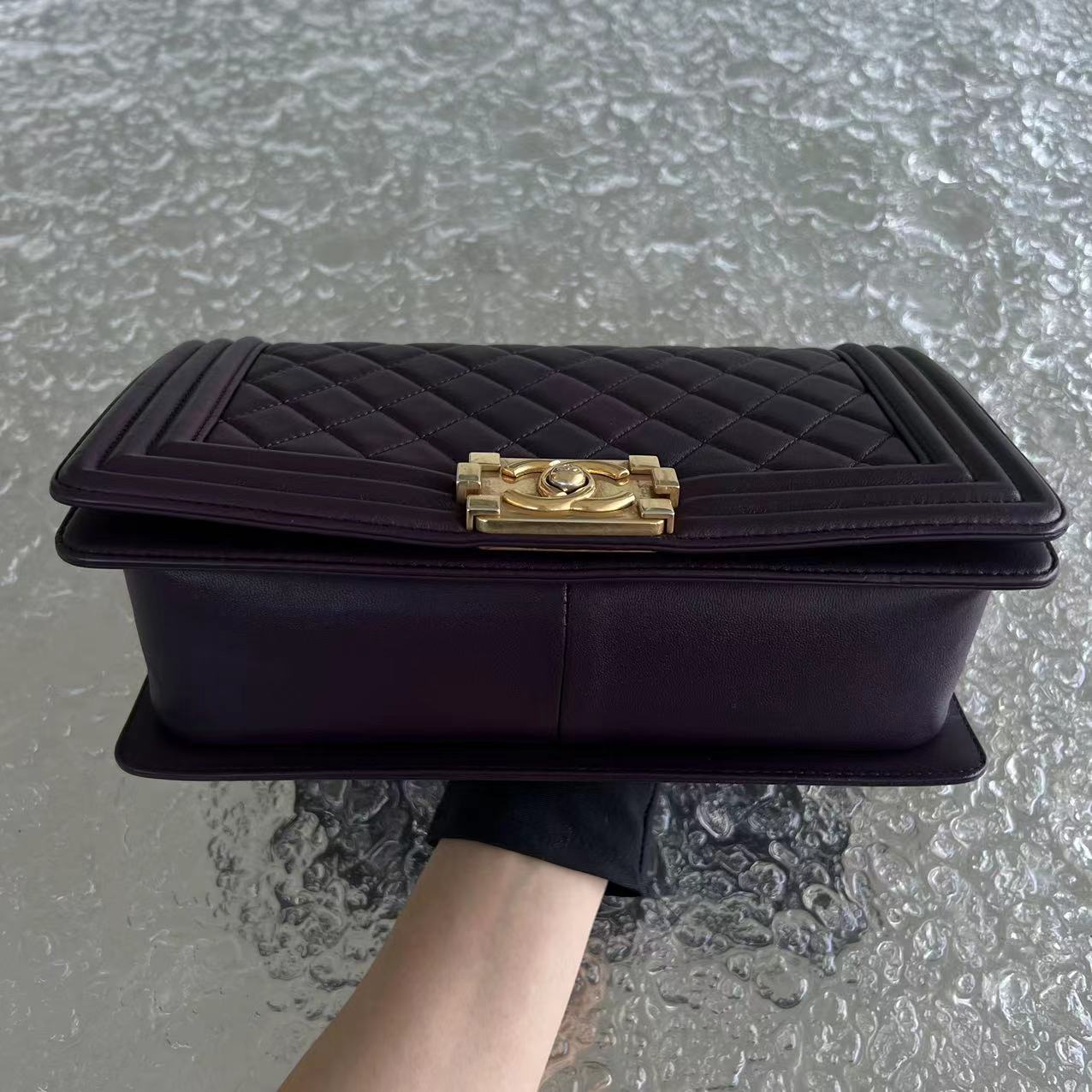 Chanel Boy Old Medium 25CM Quilted Lambskin Dark Purple Violet Leboy Golden Hardware Series 23 - Luxury Evermore