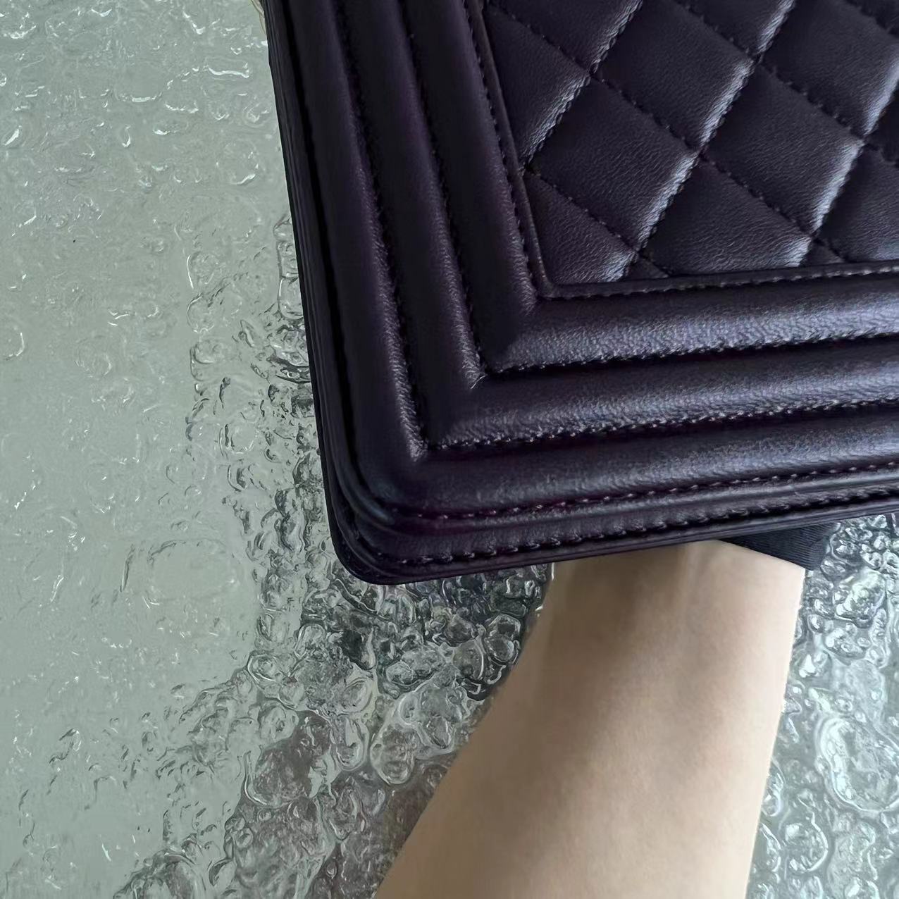 Chanel Boy Old Medium 25CM Quilted Lambskin Dark Purple Violet Leboy Golden Hardware Series 23 - Luxury Evermore