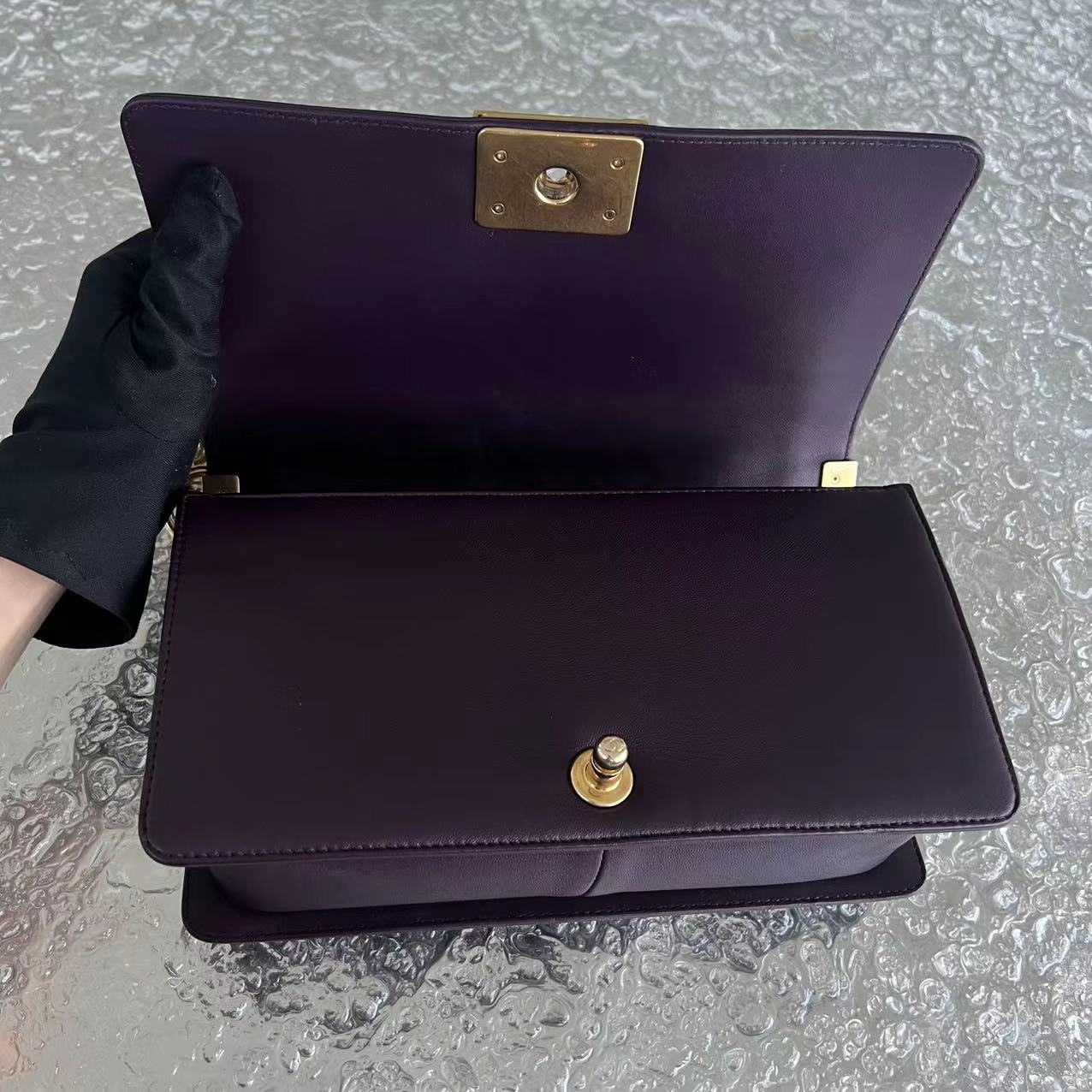 Chanel Boy Old Medium 25CM Quilted Lambskin Dark Purple Violet Leboy Golden Hardware Series 23 - Luxury Evermore