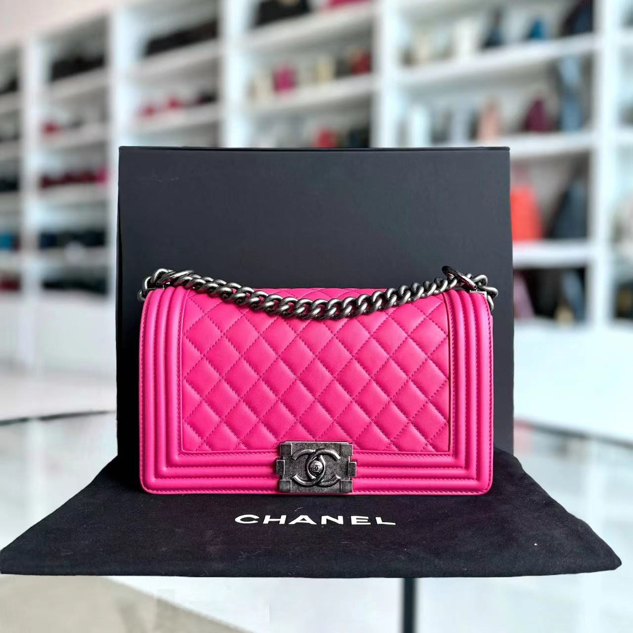 Chanel Boy Old Medium 25CM Quilted Lambskin Hot Pink Leboy Silver Hardware Series 19 - Luxury Evermore