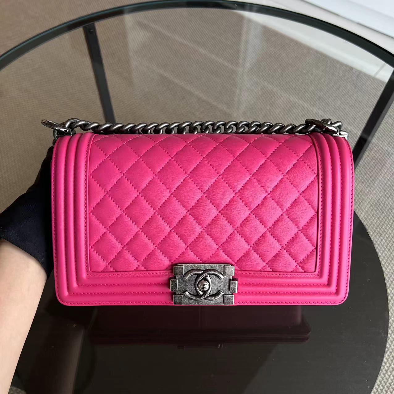 Chanel Boy Old Medium 25CM Quilted Lambskin Hot Pink Leboy Silver Hardware Series 19 - Luxury Evermore