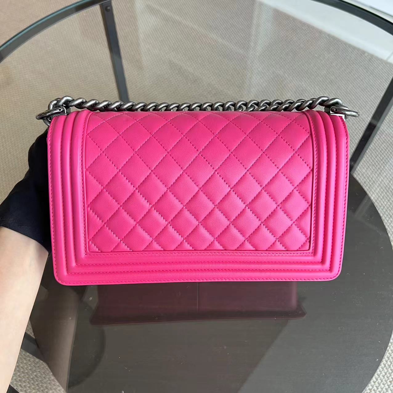 Chanel Boy Old Medium 25CM Quilted Lambskin Hot Pink Leboy Silver Hardware Series 19 - Luxury Evermore