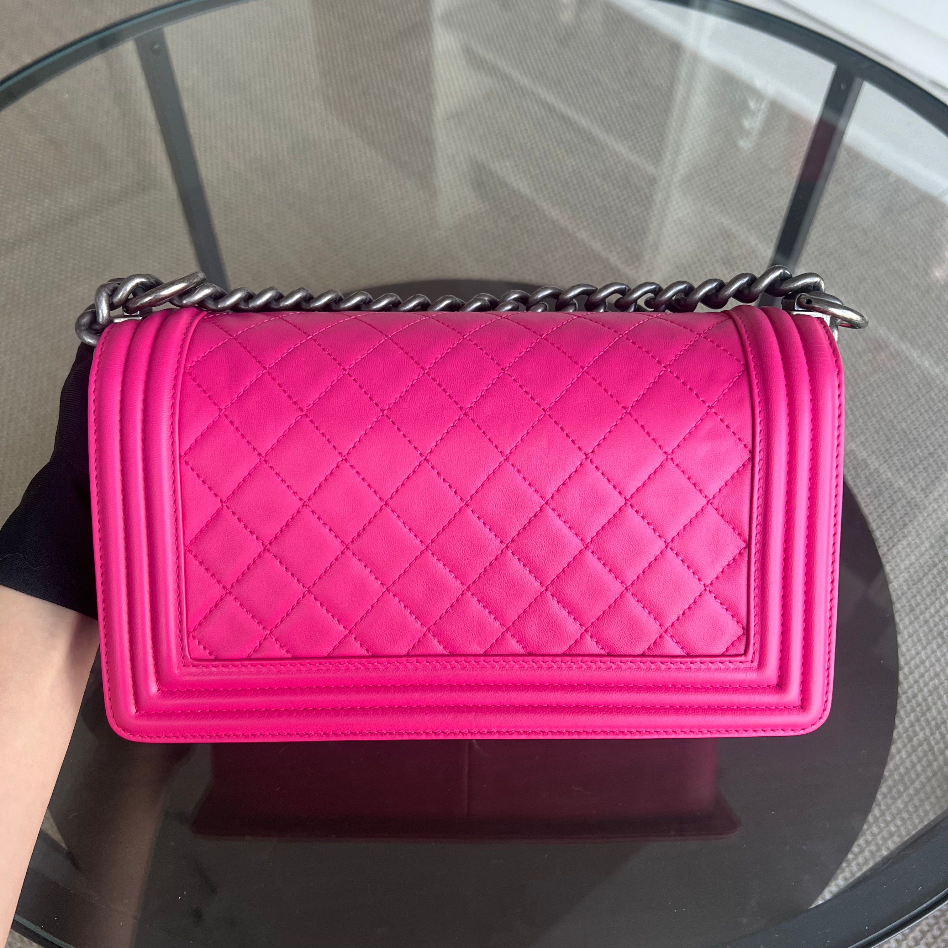 Chanel Boy Old
Medium 25CM Quilted
Lambskin Hot Pink Leboy Silver Hardware Series 19 - Luxury Evermore