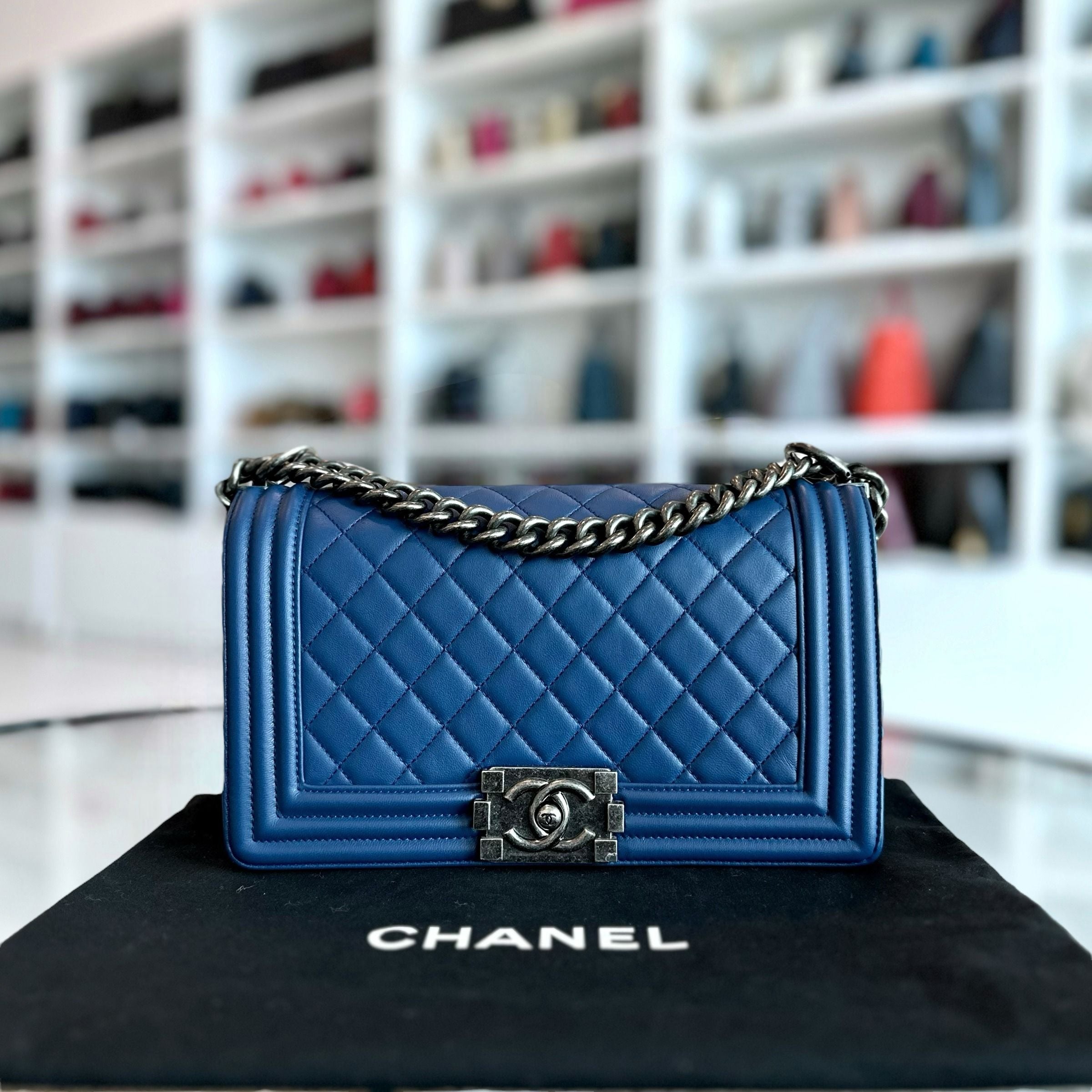 Chanel Boy Old Medium 25CM Quilted Lambskin Leboy Dark Blue RSHW No 23 - Luxury Evermore