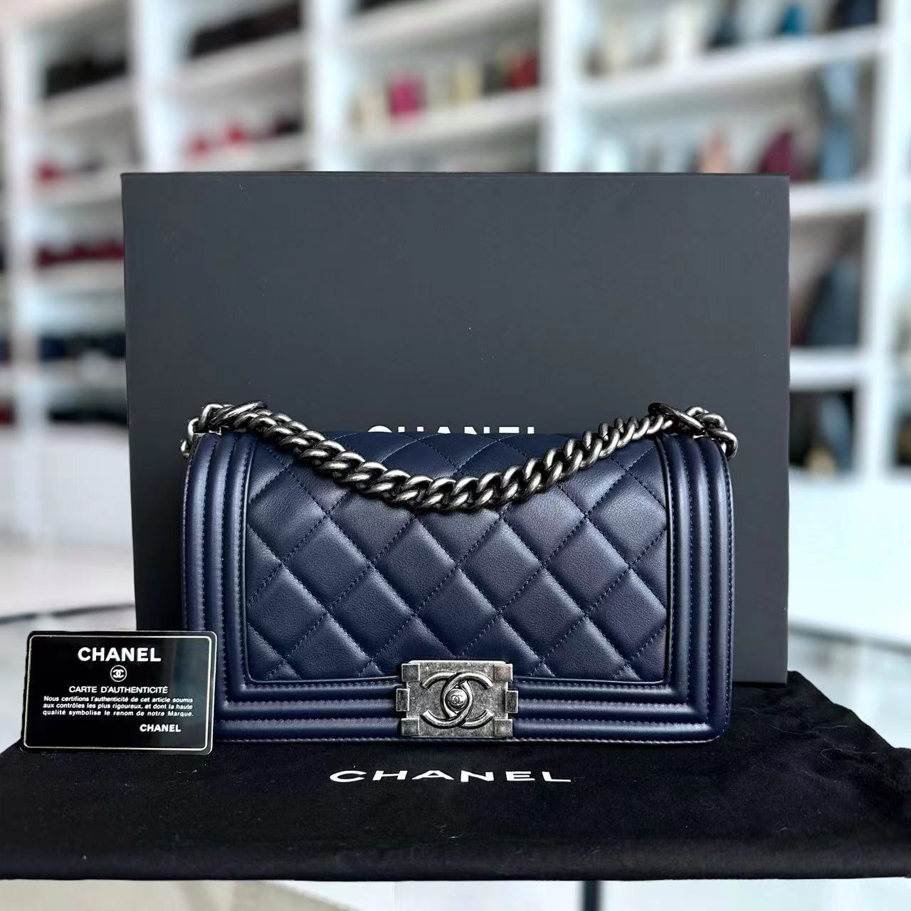 Chanel Boy Old Medium 25CM Quilted Lambskin Leboy Navy Blue RSHW No 19 - Luxury Evermore