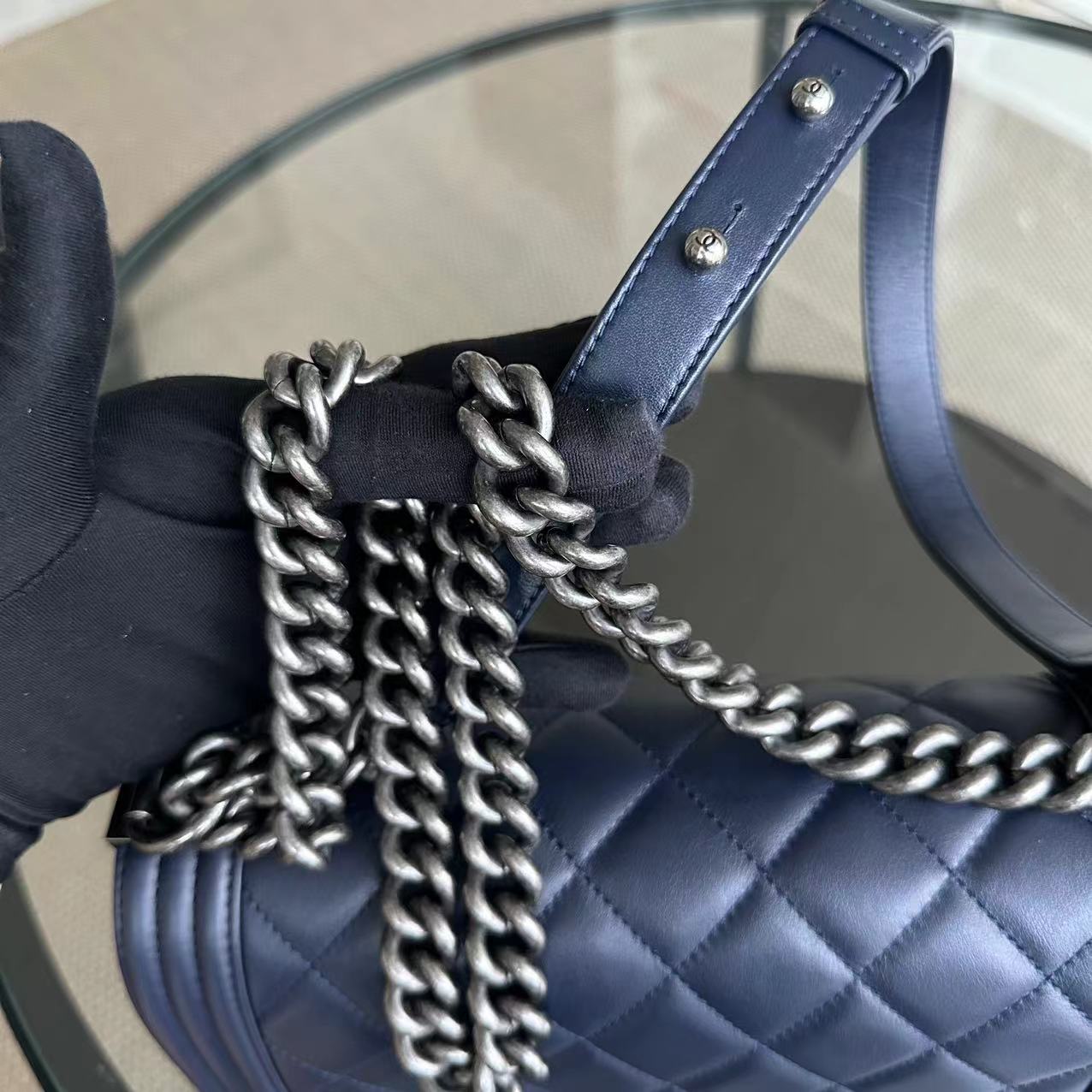 Chanel Boy Old Medium 25CM Quilted Lambskin Leboy Navy Blue RSHW No 19 - Luxury Evermore