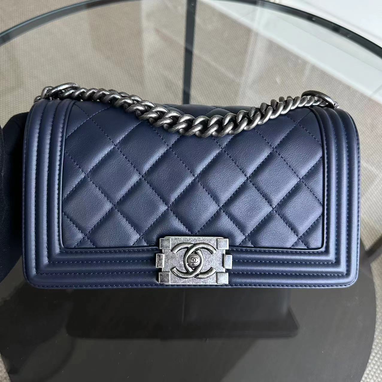 Chanel Boy Old Medium 25CM Quilted Lambskin Leboy Navy Blue RSHW No 19 - Luxury Evermore