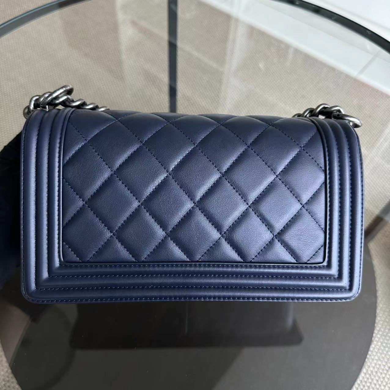 Chanel Boy Old Medium 25CM Quilted Lambskin Leboy Navy Blue RSHW No 19 - Luxury Evermore