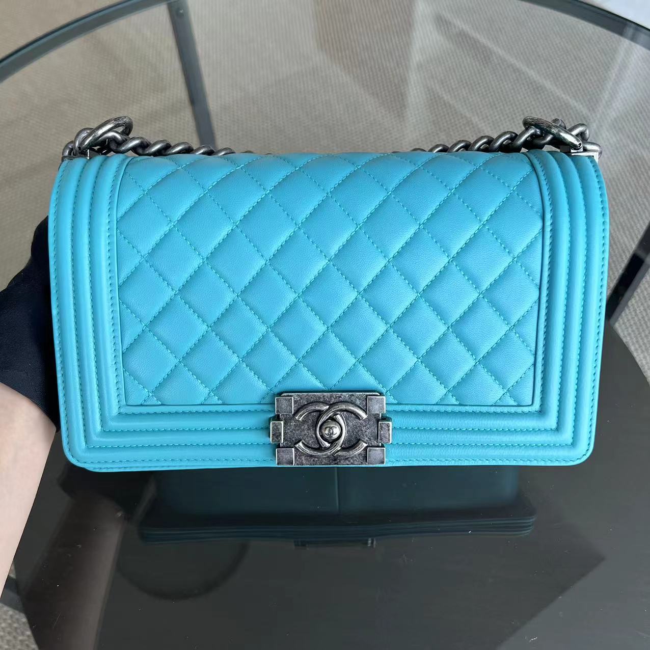 Chanel Boy Old Medium 25CM Quilted Lambskin Tiffany Blue Leboy Ruthenium Silver Hardware Series 19 - Luxury Evermore