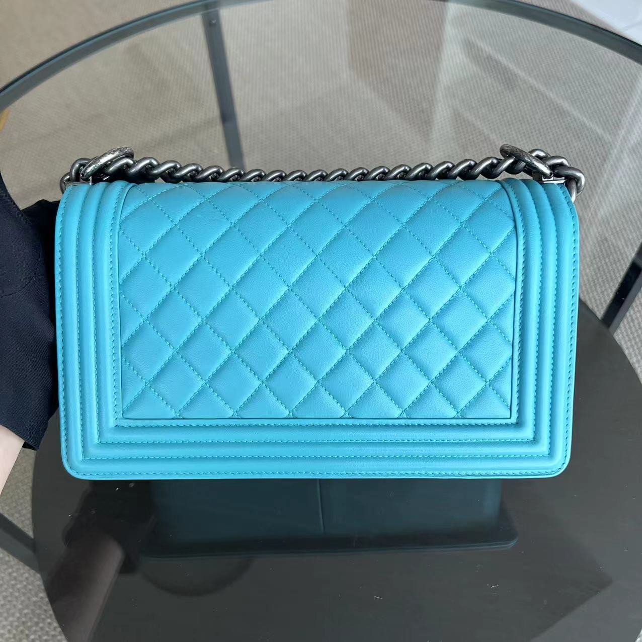 Chanel Boy Old Medium 25CM Quilted Lambskin Tiffany Blue Leboy Ruthenium Silver Hardware Series 19 - Luxury Evermore