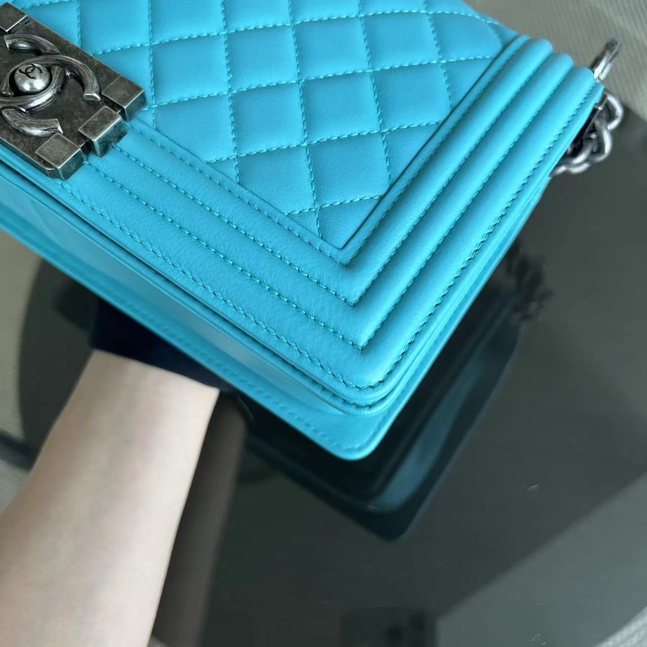 Chanel Boy Old Medium 25CM Quilted Lambskin Tiffany Blue Leboy Ruthenium Silver Hardware Series 19 - Luxury Evermore