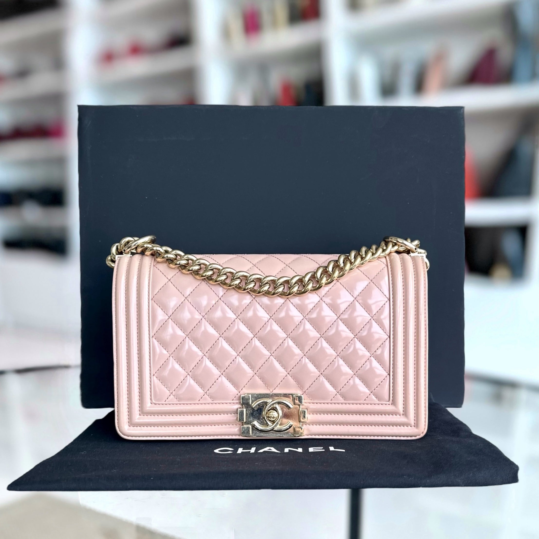 Chanel Boy Old Medium 25CM Quilted Smooth Glazed Calfskin Sakura Pink Leboy Golden Hardware Series 22 - Luxury Evermore