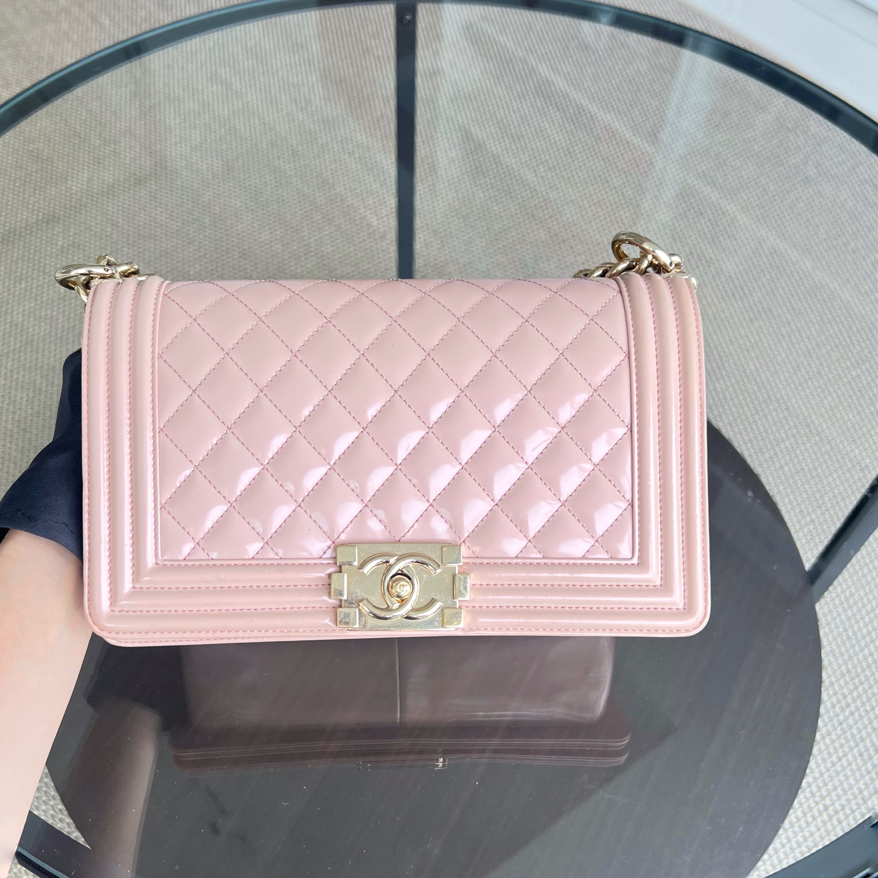 Chanel Boy Old Medium 25CM Quilted Smooth Glazed Calfskin Sakura Pink Leboy Golden Hardware Series 22 - Luxury Evermore