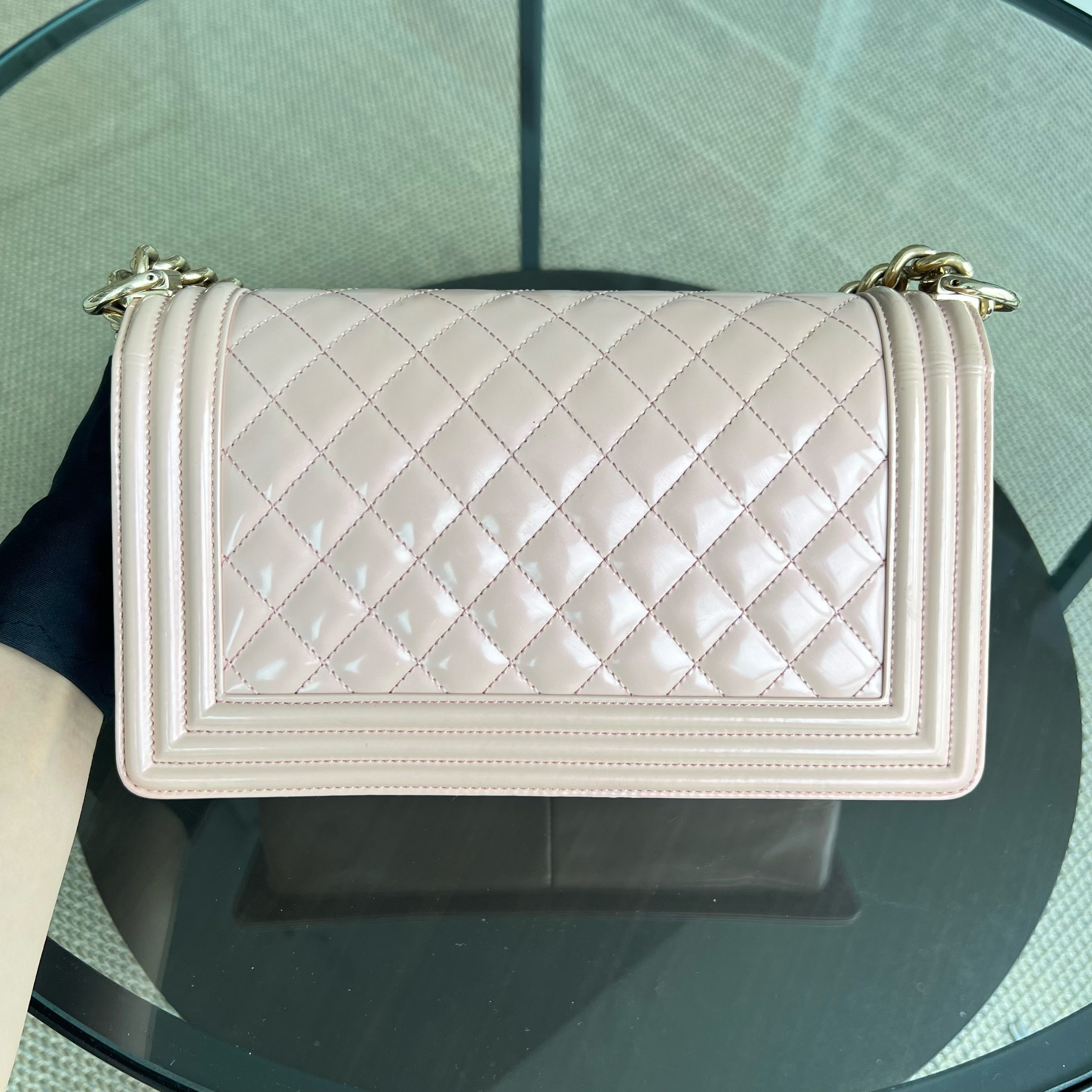 Chanel Boy Old Medium 25CM Quilted Smooth Glazed Calfskin Sakura Pink Leboy Golden Hardware Series 22 - Luxury Evermore