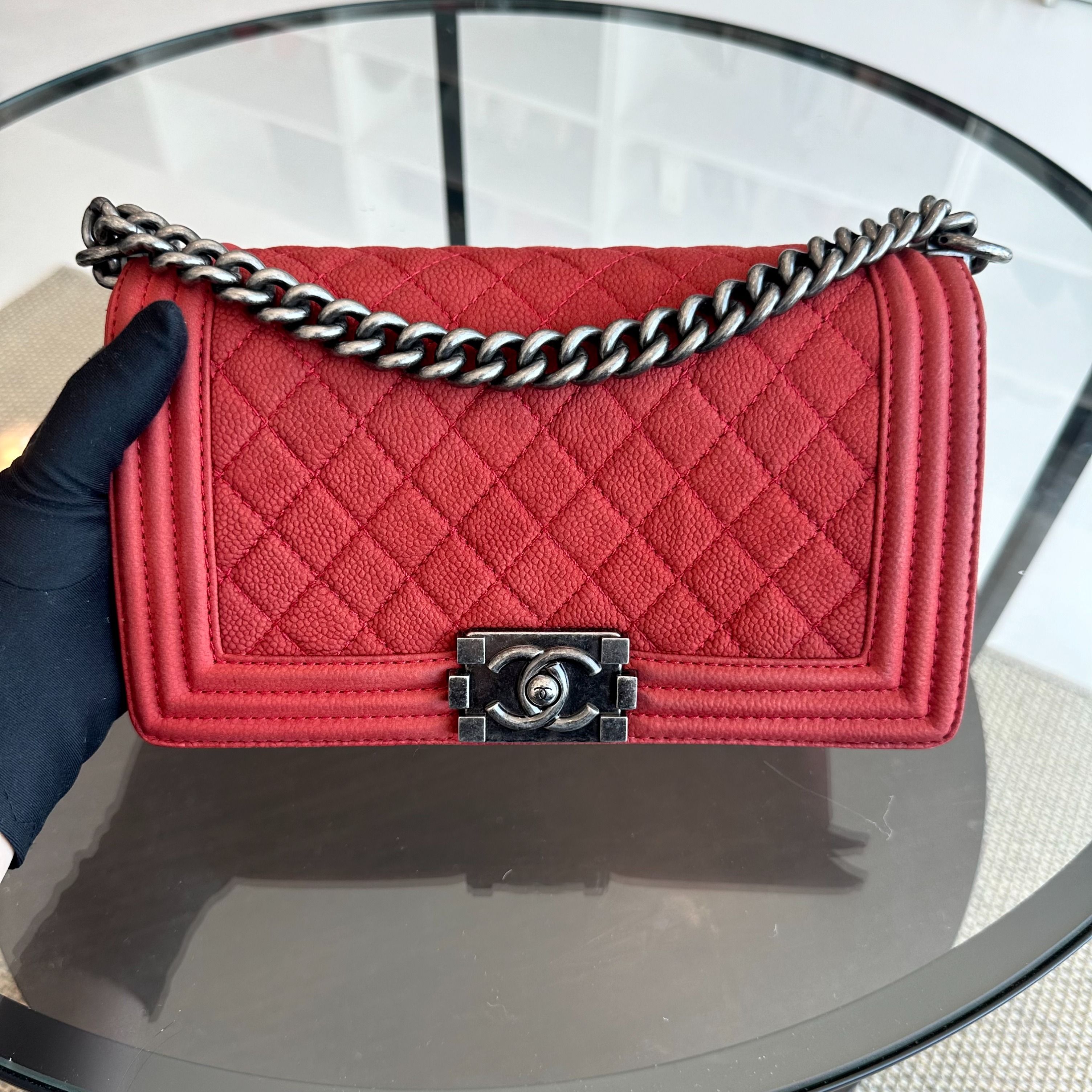 Chanel Boy Old Medium 25CM Quilted Suede Caviar Calfskin Leboy Red RSHW No 18 - Luxury Evermore