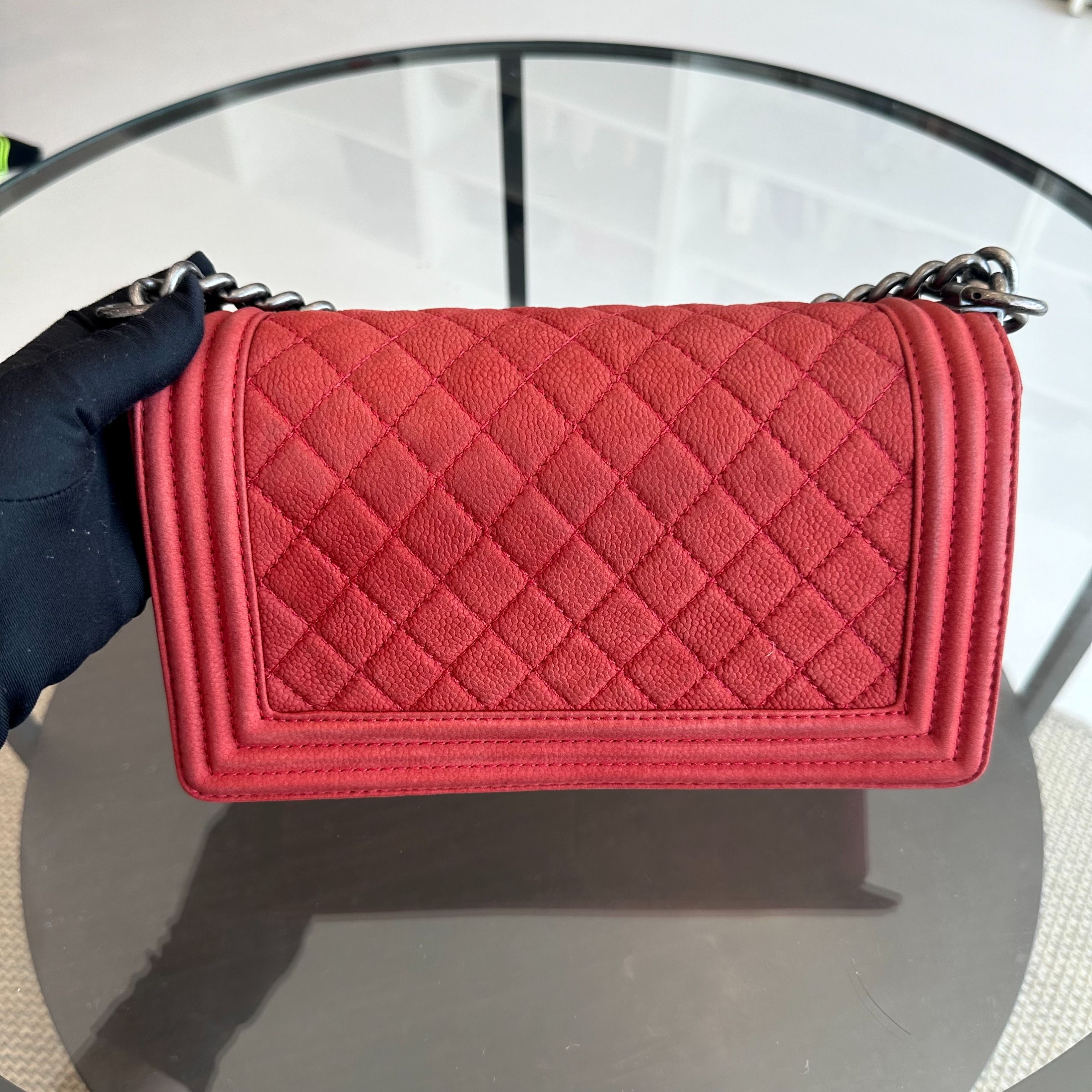 Chanel Boy Old Medium 25CM Quilted Suede Caviar Calfskin Leboy Red RSHW No 18 - Luxury Evermore