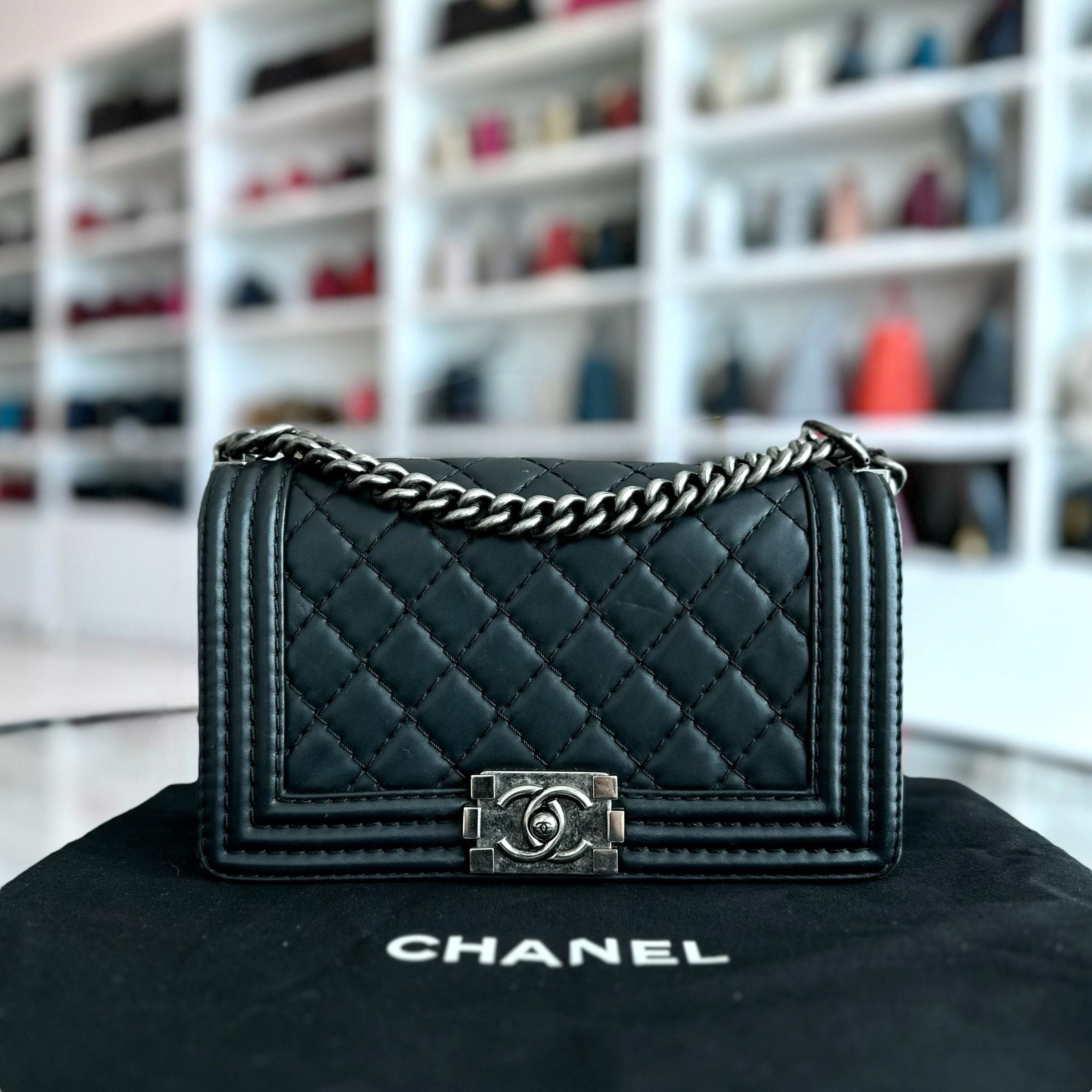 Chanel Boy Old Medium 25CM Stitched Quilted Leboy Black RSHW No 18 - Luxury Evermore