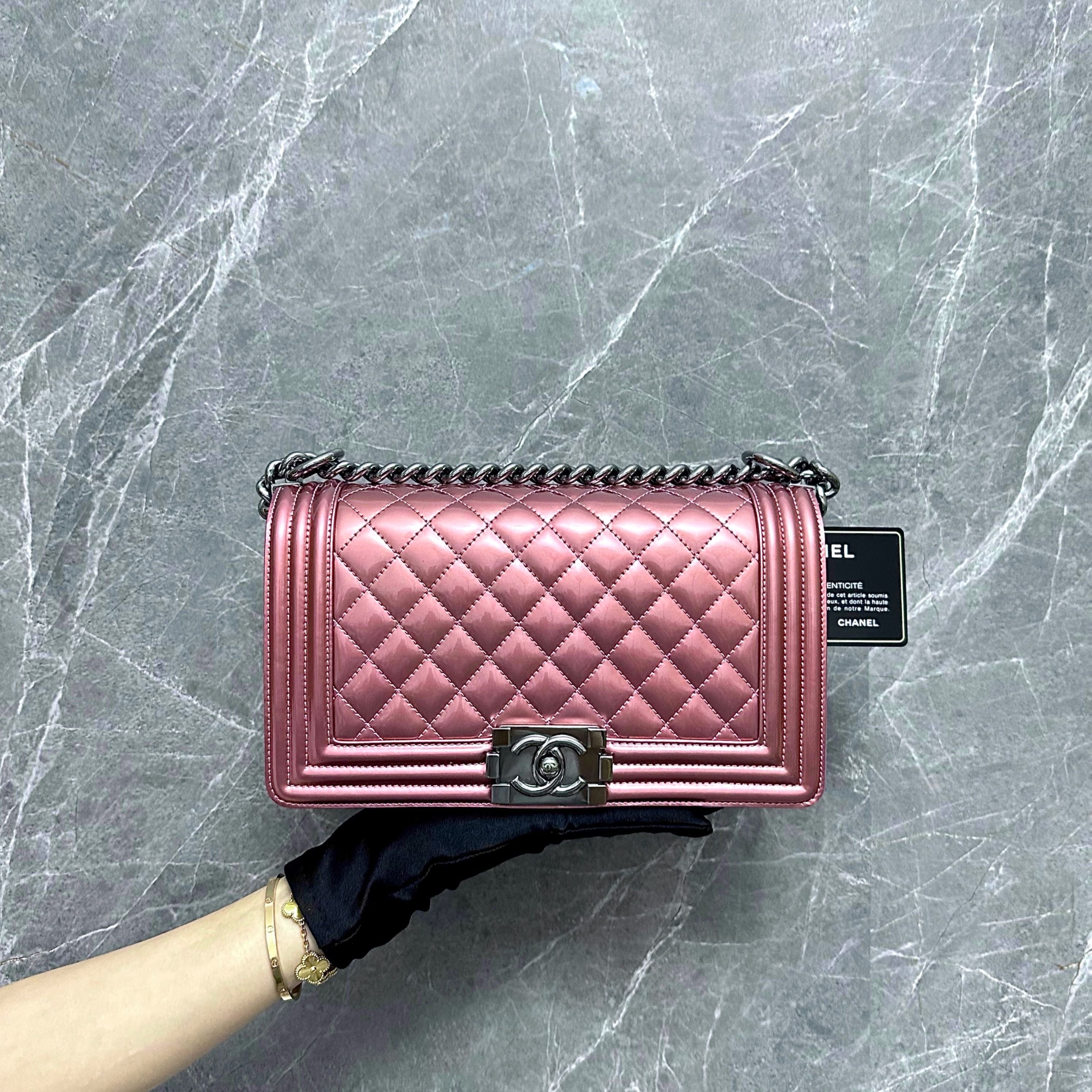 Chanel Boy Old Medium Calfskin Patent Leather Iridescent Pink Leboy SHW No 19 - Luxury Evermore