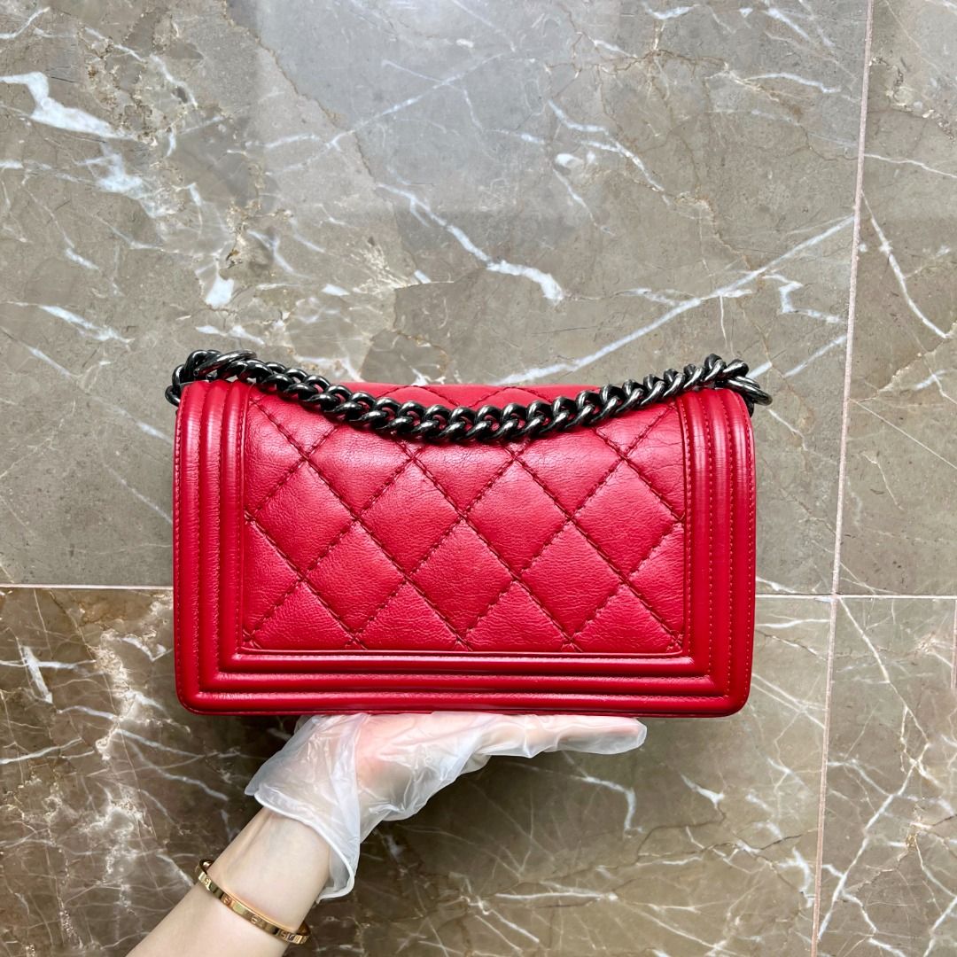 Chanel Boy Old Medium Calfskin Red SHW No 18 - Luxury Evermore