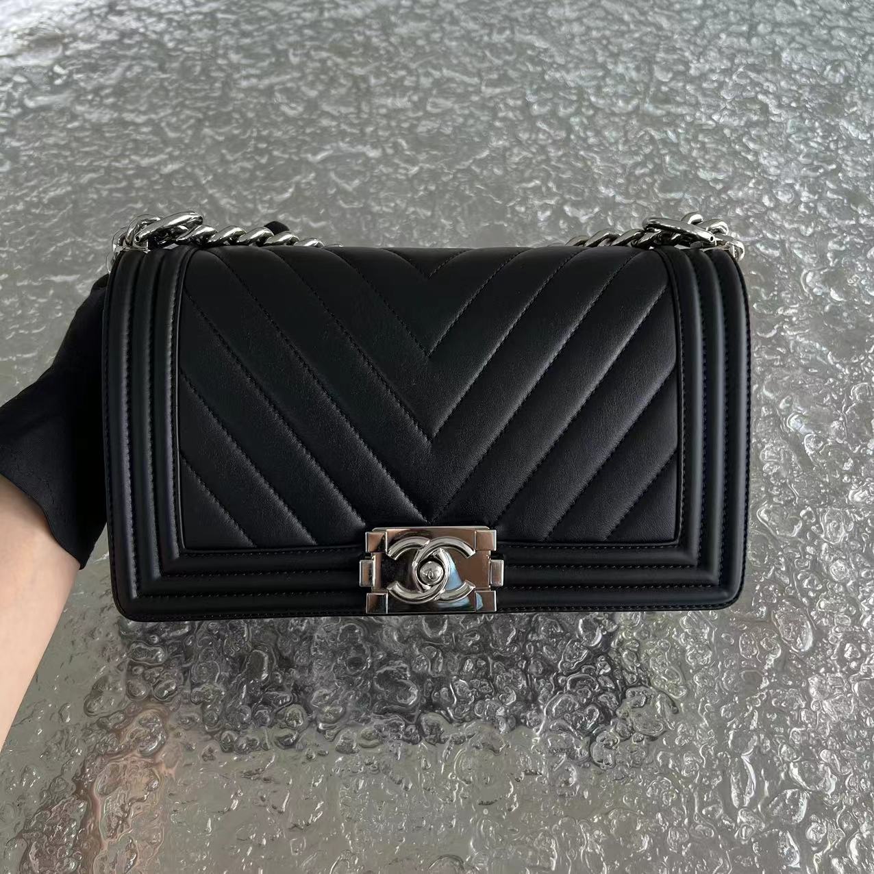 Chanel Boy Old Medium Chevron Calfskin Black Silver Hardware Series 22 - Luxury Evermore