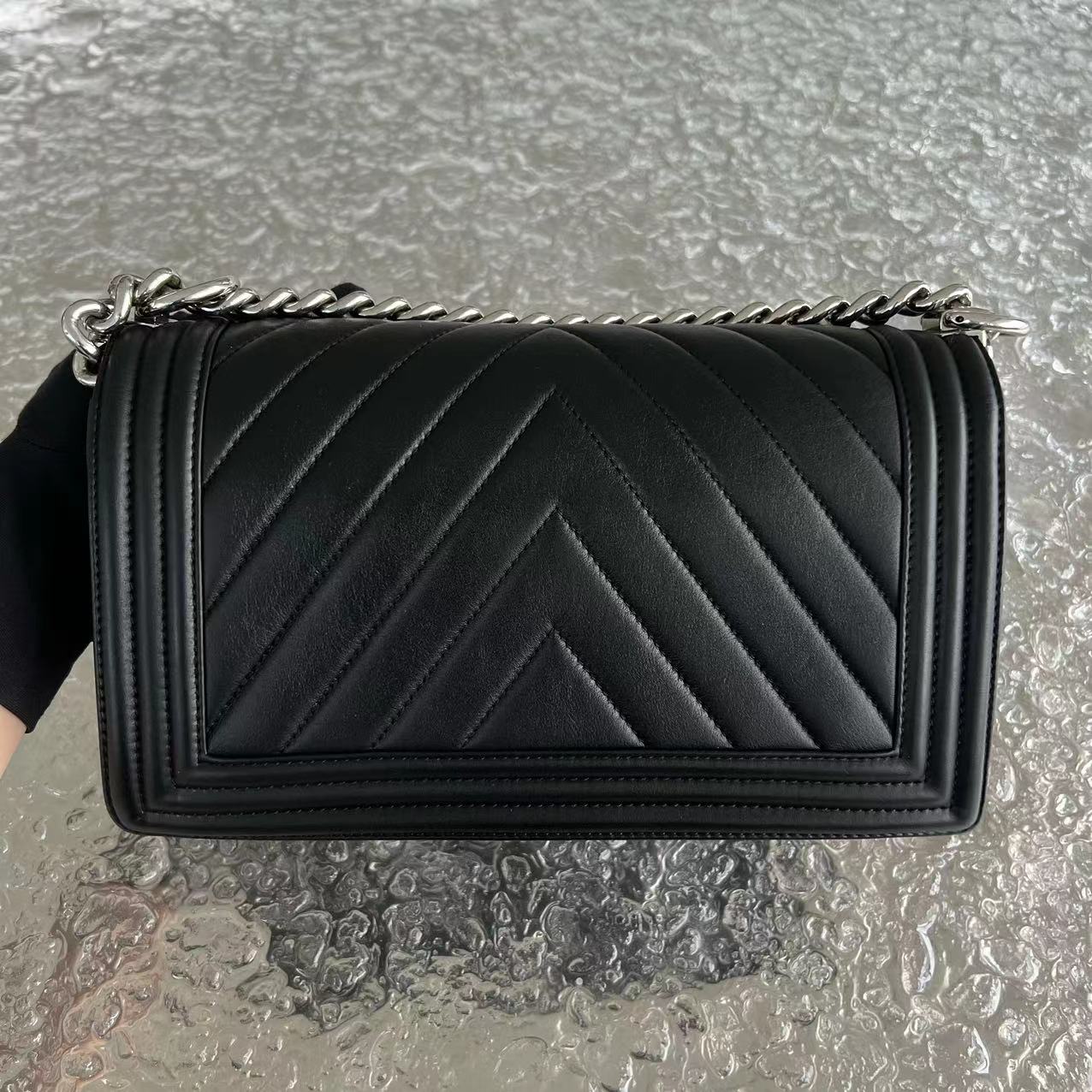 Chanel Boy Old Medium Chevron Calfskin Black Silver Hardware Series 22 - Luxury Evermore