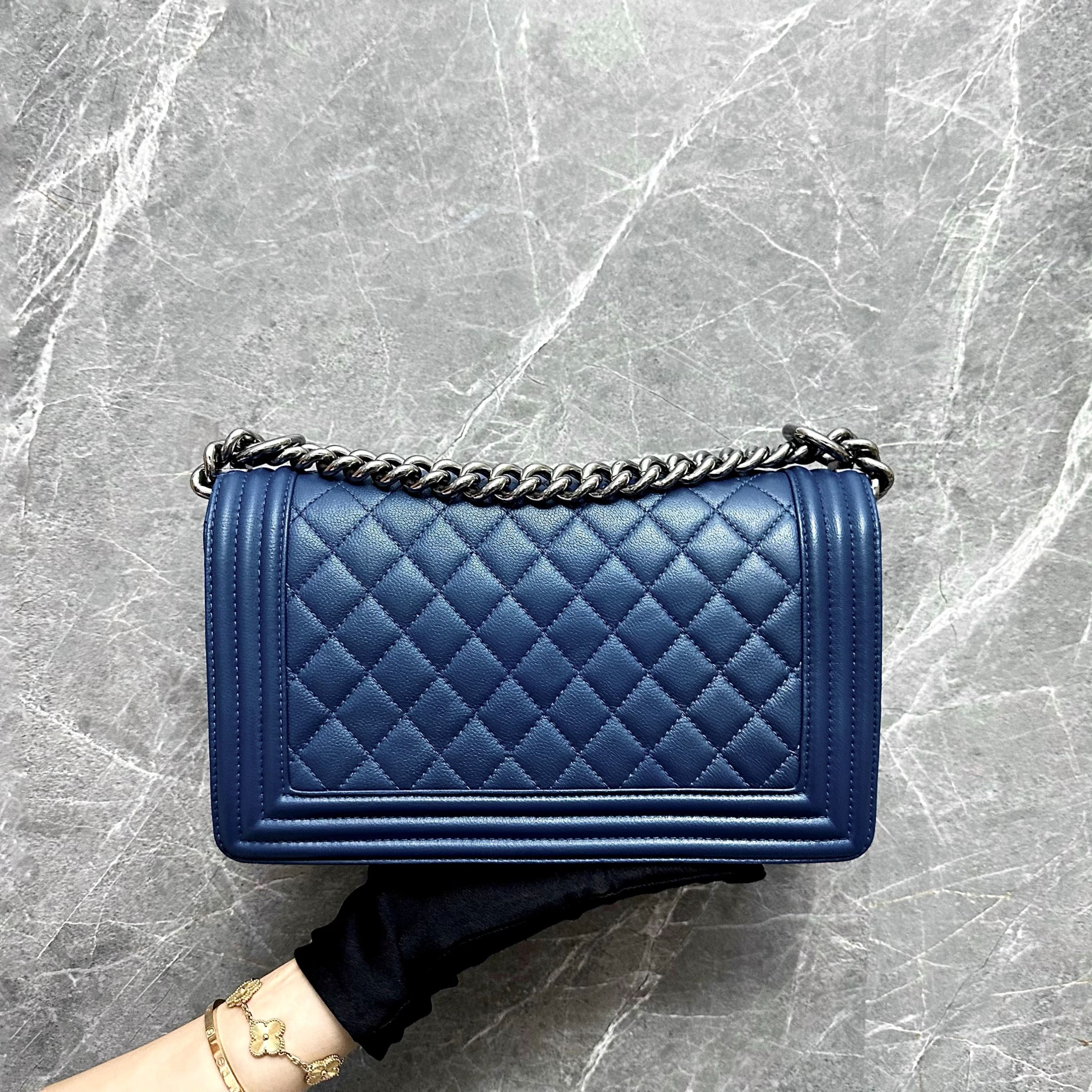 Chanel Boy Old Medium Lambskin Navy Blue No 24 - Luxury Evermore