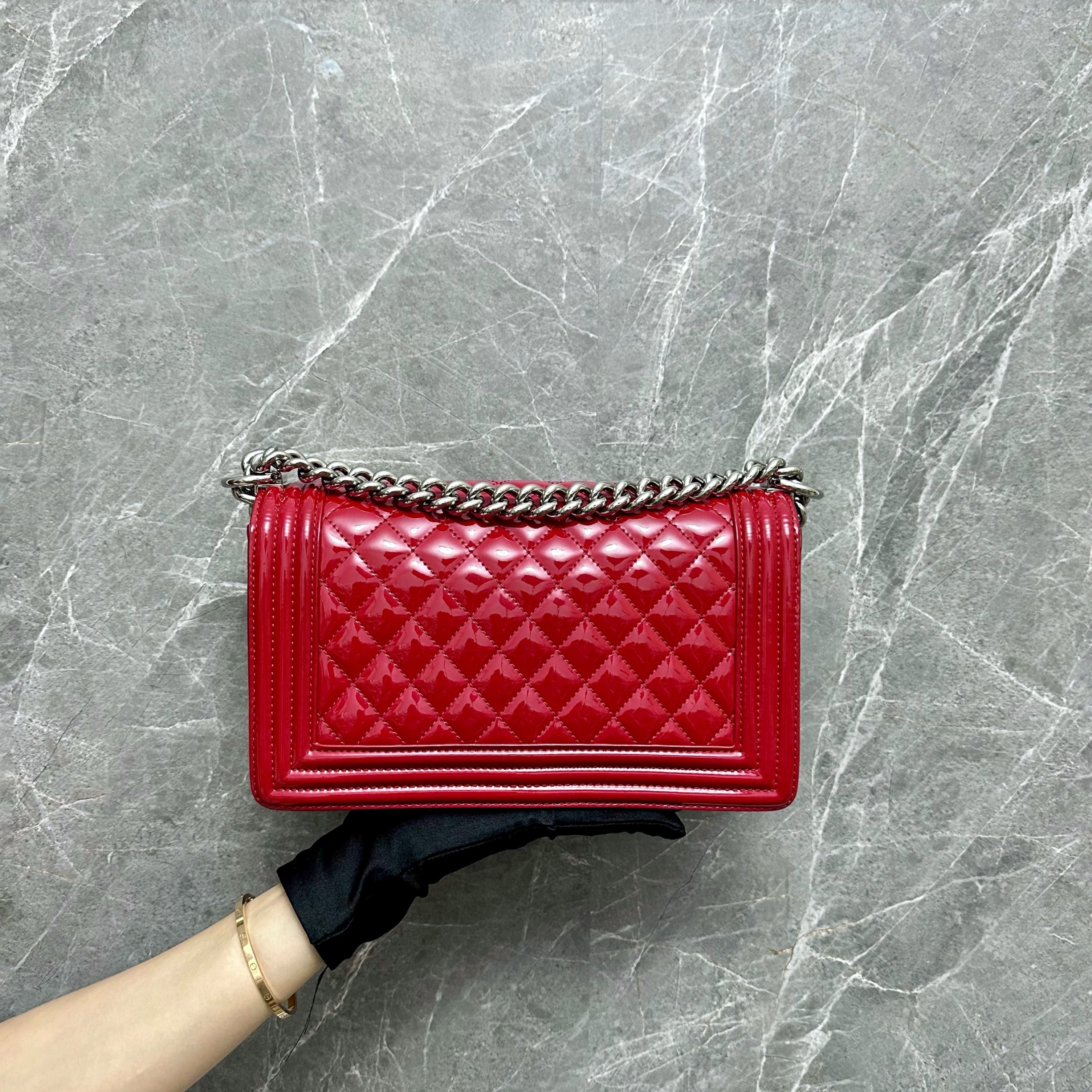 Chanel Boy Old Medium Patent Leather Red SHW No 20 - Luxury Evermore