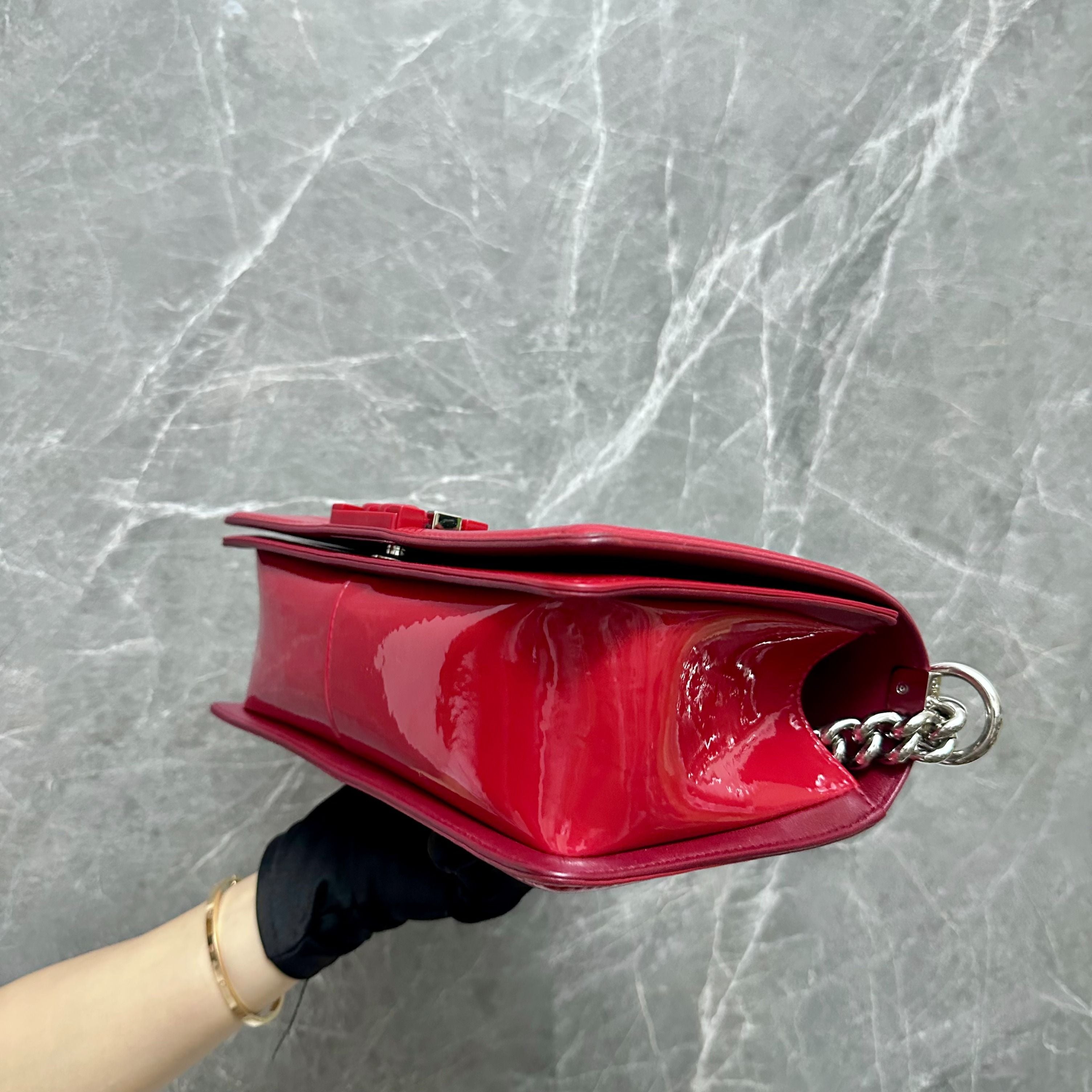 Chanel Boy Old Medium Patent Leather Red SHW No 20 - Luxury Evermore