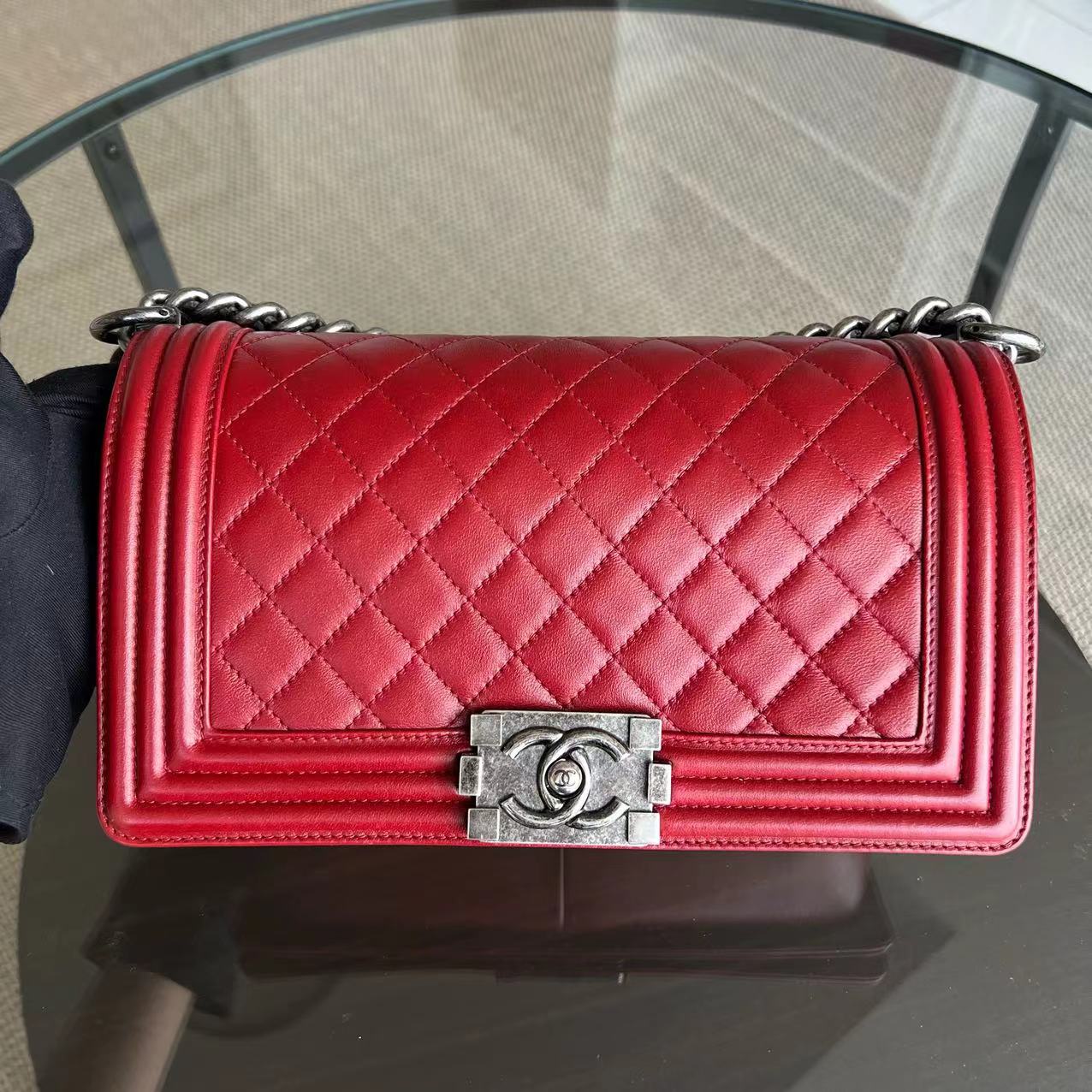 Chanel Boy Old Medium Quilted Lambskin Leboy Red RSHW No 18 - Luxury Evermore