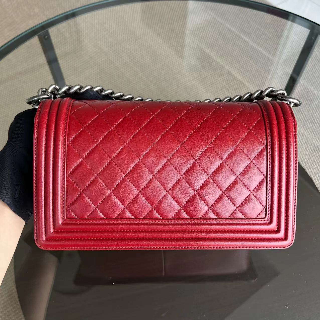 Chanel Boy Old Medium Quilted Lambskin Leboy Red RSHW No 18 - Luxury Evermore