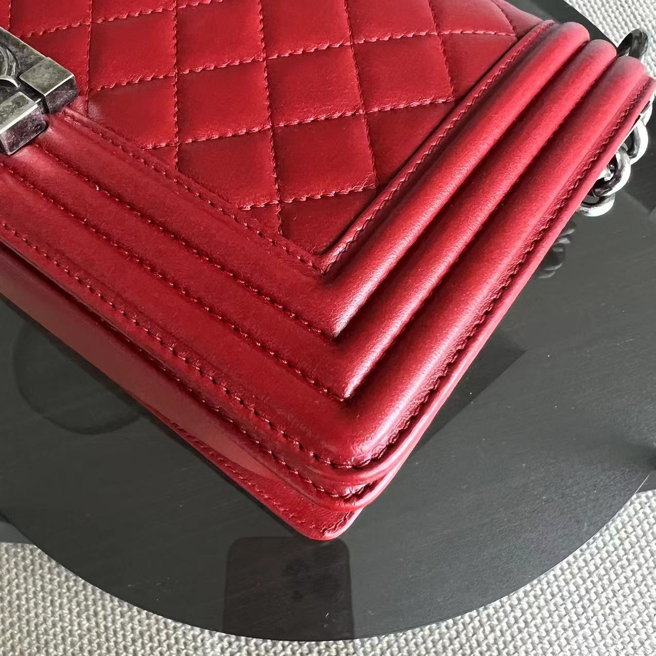 Chanel Boy Old Medium Quilted Lambskin Leboy Red RSHW No 18 - Luxury Evermore