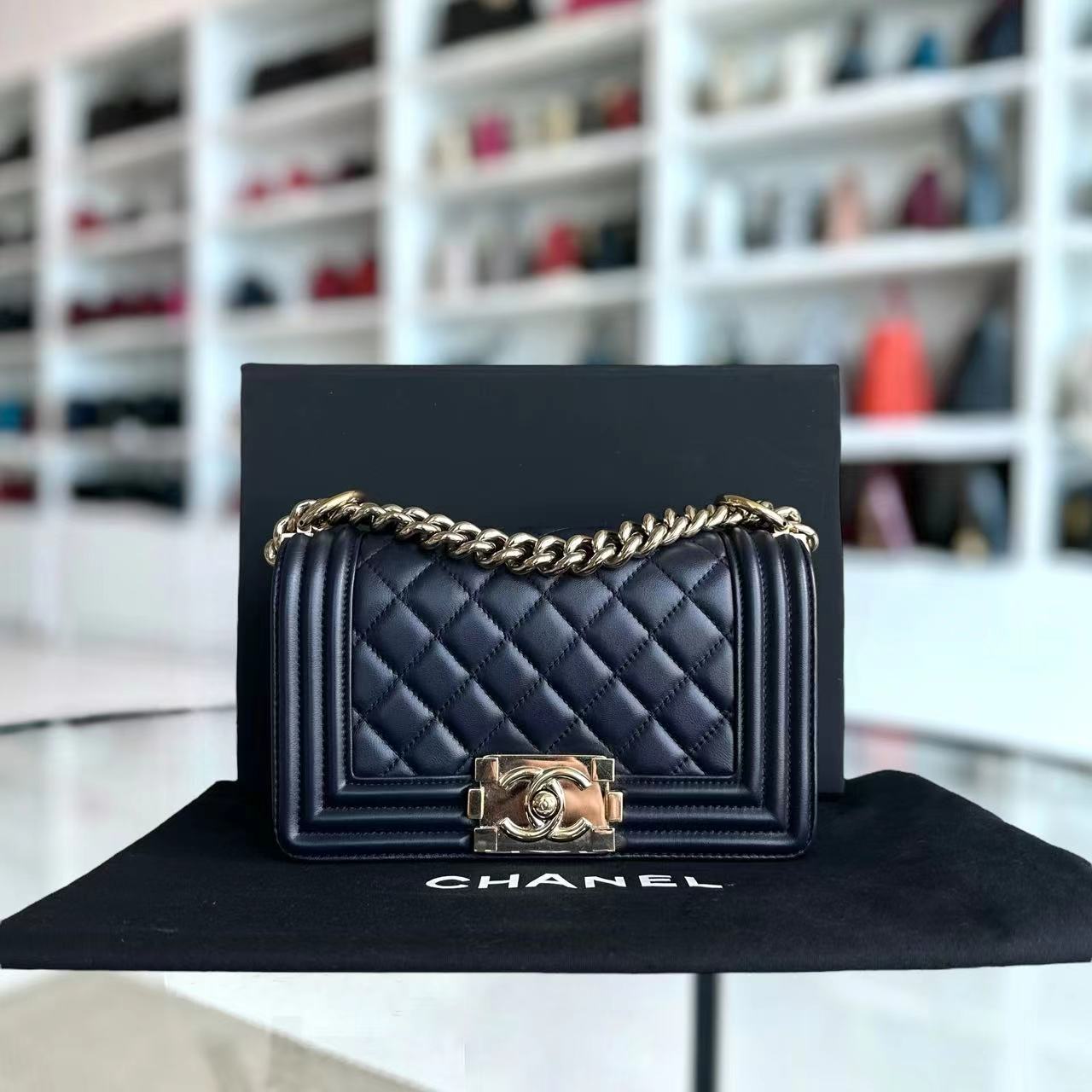 Chanel Boy Small 20CM Quilted Lambskin Dark Navy Blue Leboy Golden Hardware Series 25 - Luxury Evermore