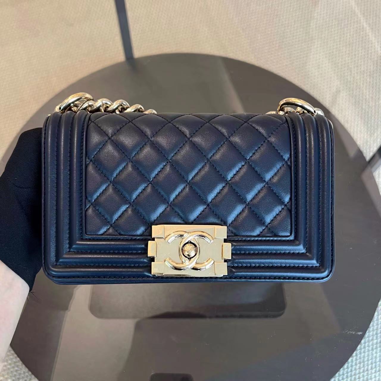 Chanel Boy Small 20CM Quilted Lambskin Dark Navy Blue Leboy Golden Hardware Series 25 - Luxury Evermore