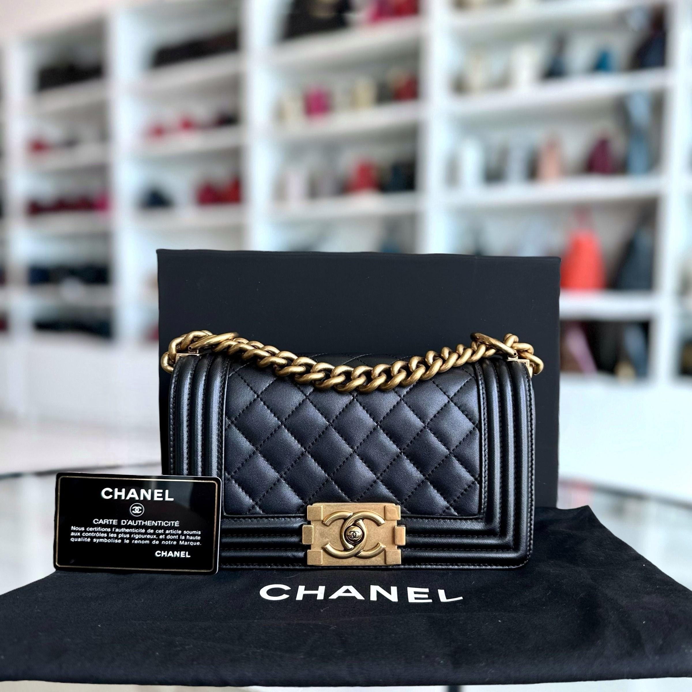 Chanel Boy Small 20CM Quilted Lambskin Leboy Iridescent Black GHW No 19 - Luxury Evermore