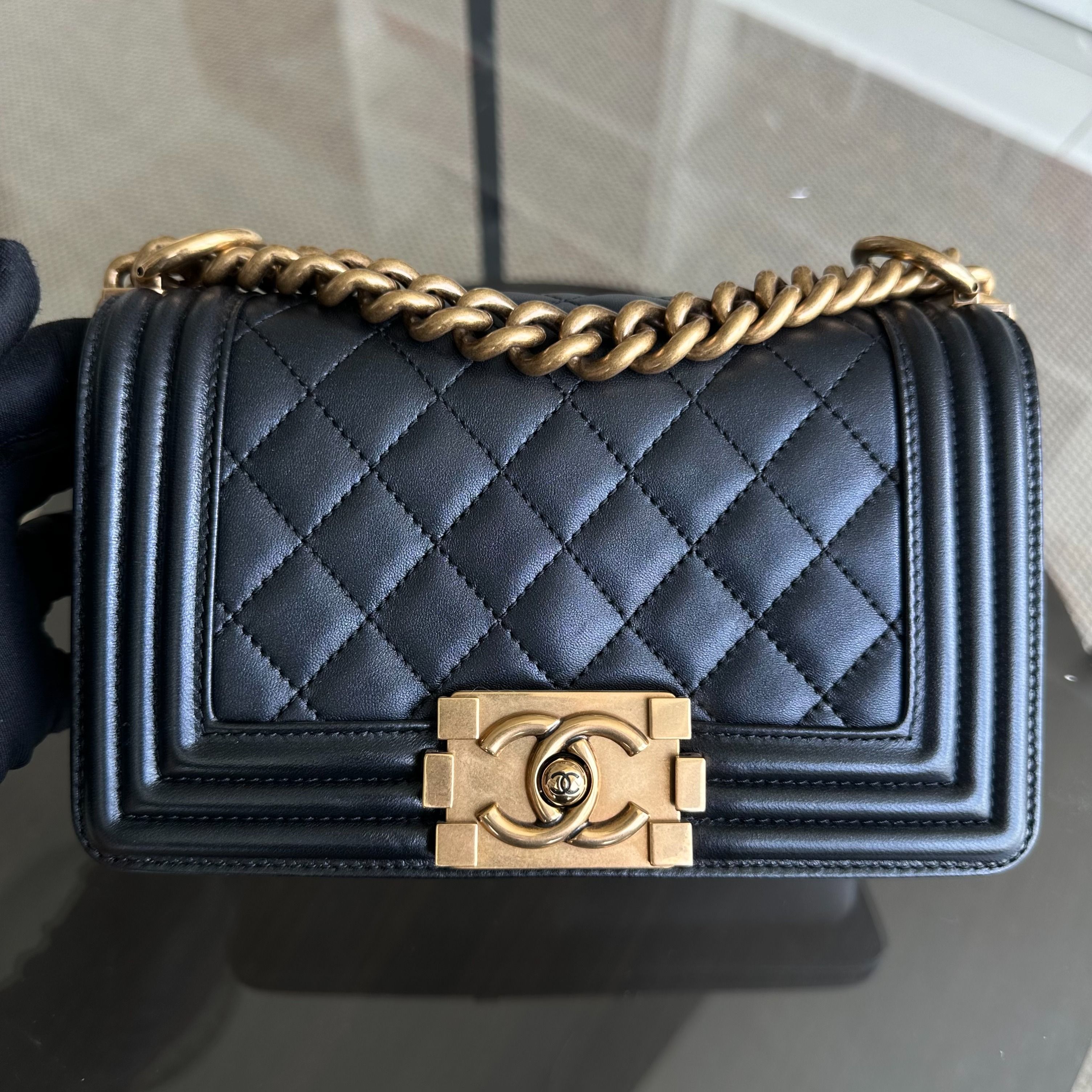 Chanel Boy Small 20CM Quilted Lambskin Leboy Iridescent Black GHW No 19 - Luxury Evermore