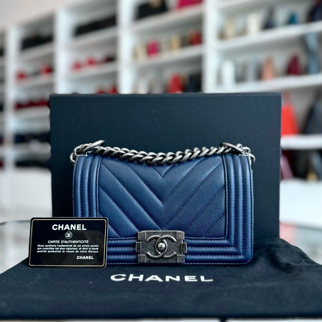 Chanel Boy Small Caviar Chevron Calfskin Leboy Dark Navy Blue Ruthenium RSHW No 25 - Luxury Evermore