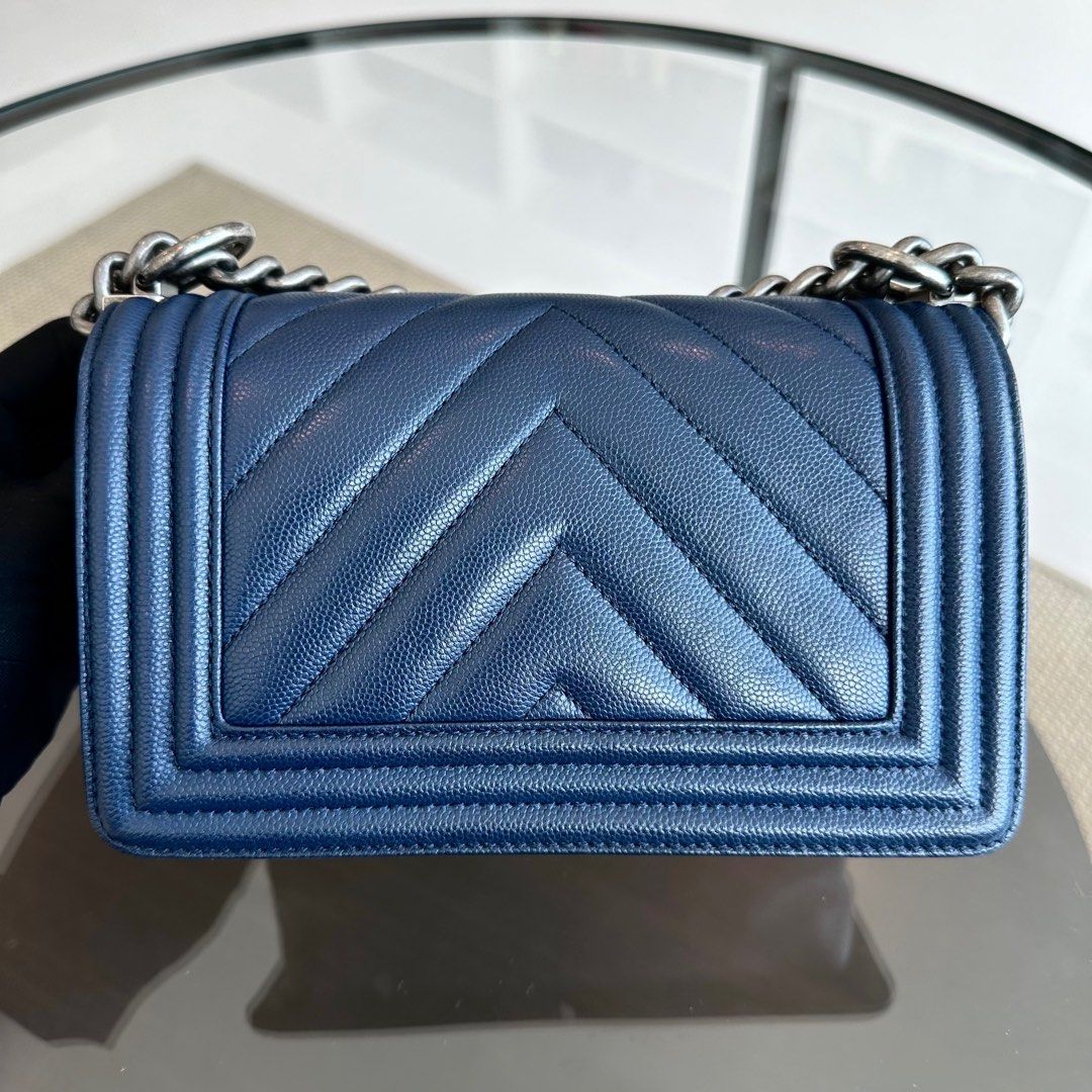 Chanel Boy Small Caviar Chevron Calfskin Leboy Dark Navy Blue Ruthenium RSHW No 25 - Luxury Evermore