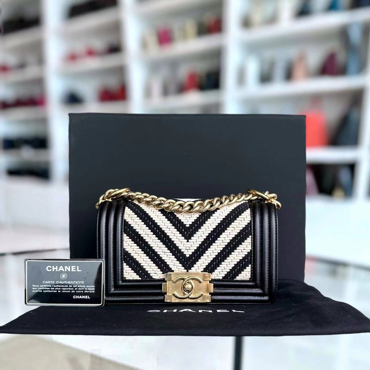 Chanel Boy Small Fabric Chevron Braided Black White Leboy Golden Hardware Series 23 - Luxury Evermore