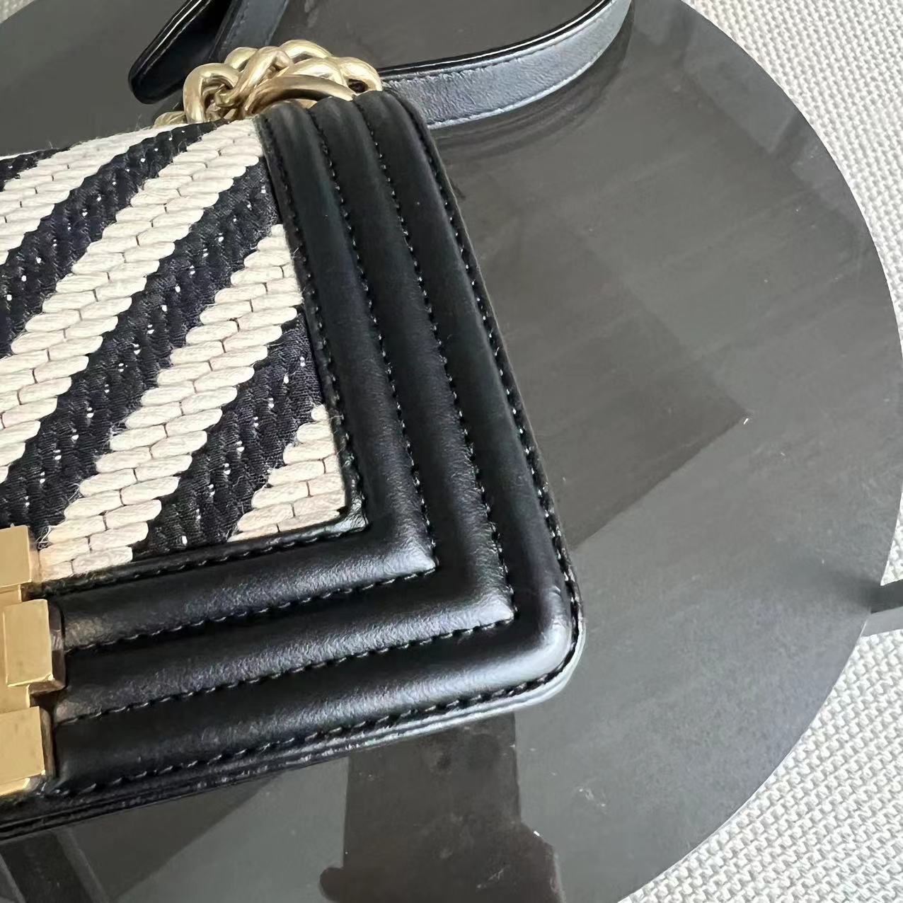 Chanel Boy Small Fabric Chevron Braided Black White Leboy Golden Hardware Series 23 - Luxury Evermore