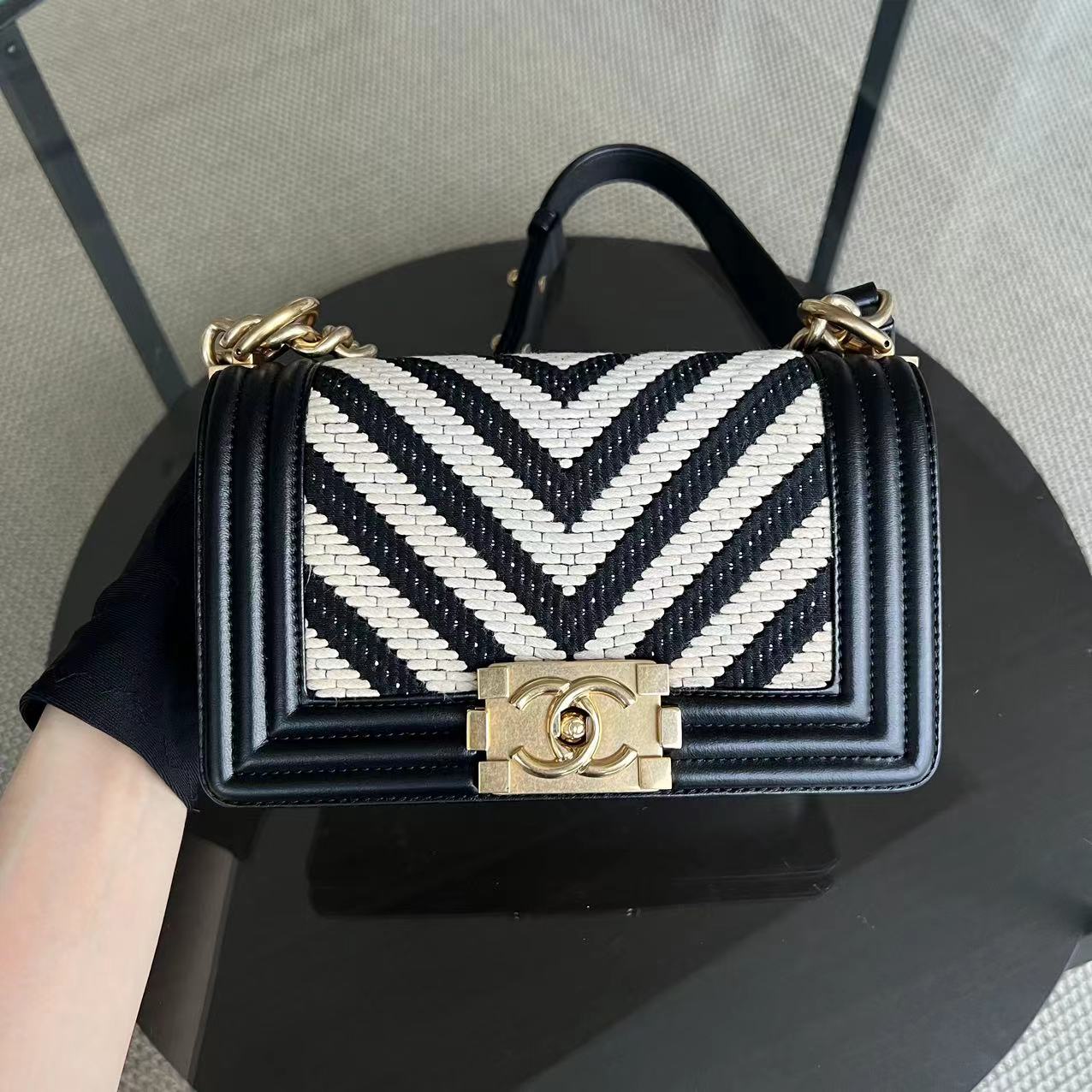 Chanel Boy Small Fabric Chevron Braided Black White Leboy Golden Hardware Series 23 - Luxury Evermore