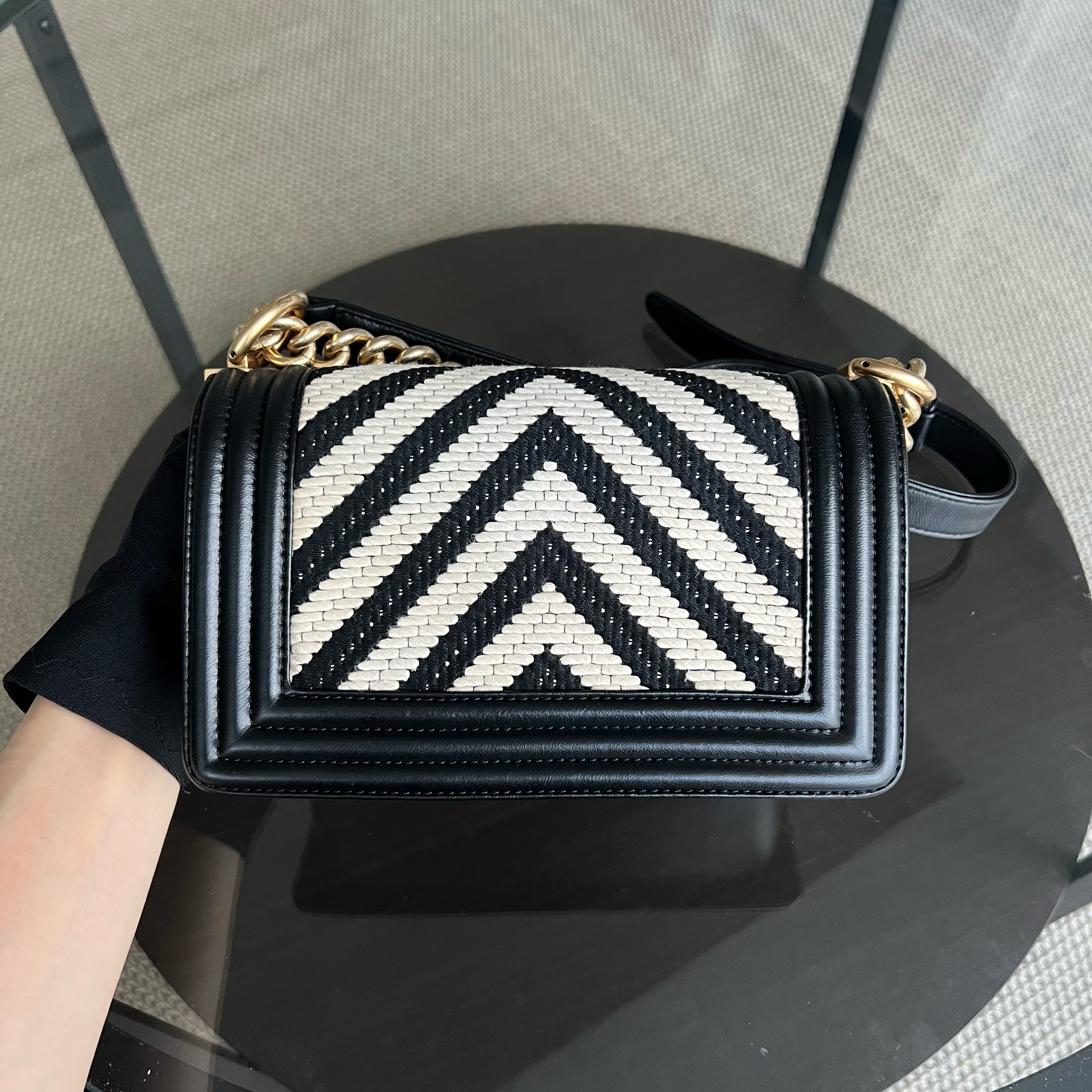 Chanel Boy Small Fabric Chevron Braided Black White Leboy Golden Hardware Series 23 - Luxury Evermore