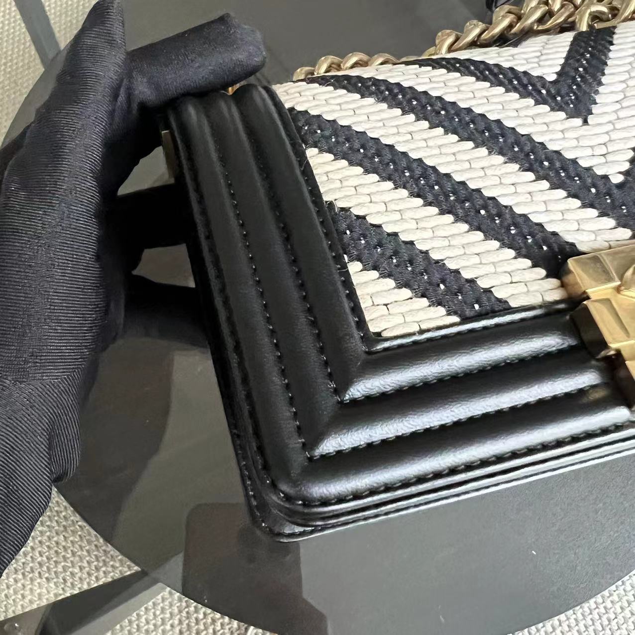 Chanel Boy Small Fabric Chevron Braided Black White Leboy Golden Hardware Series 23 - Luxury Evermore