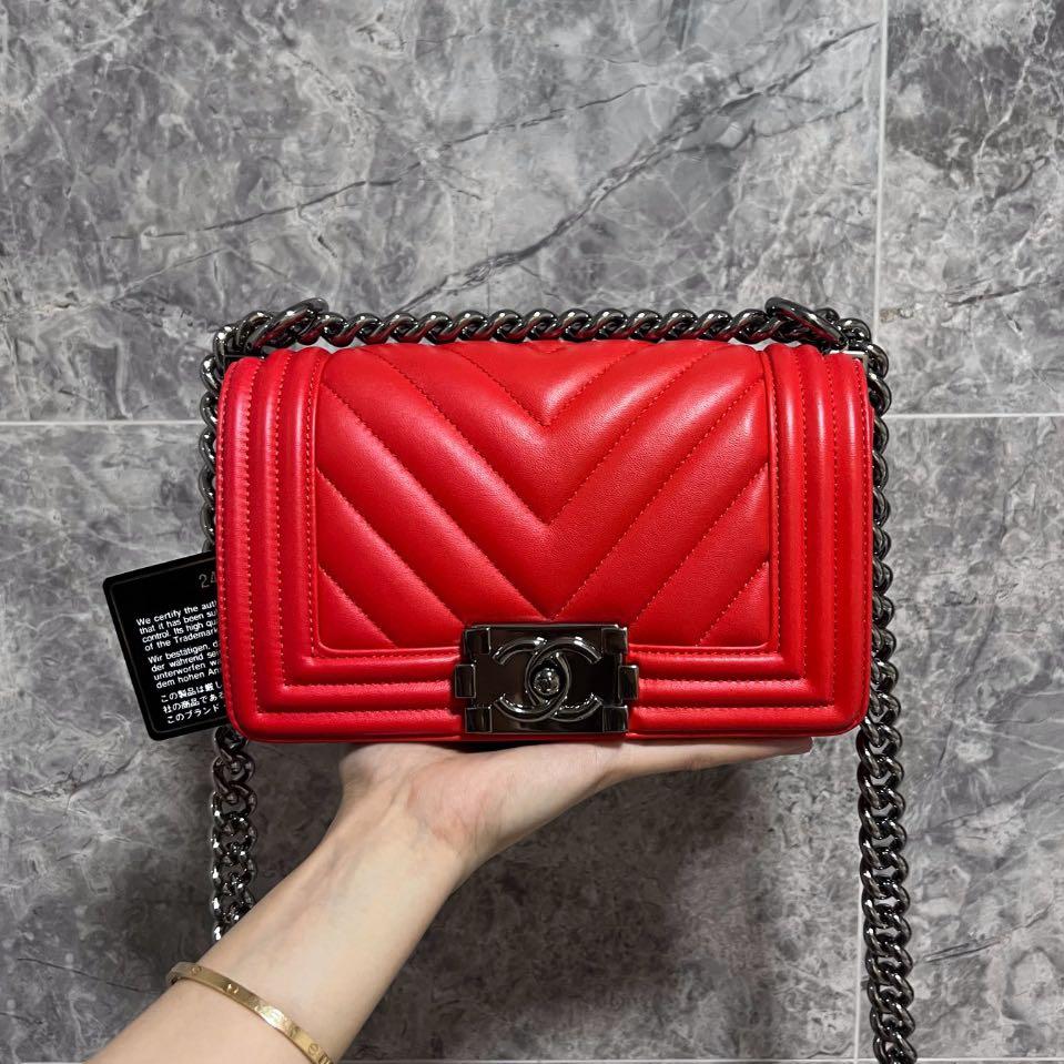 Chanel Boy Small Lambskin Red No 24 with card - Luxury Evermore