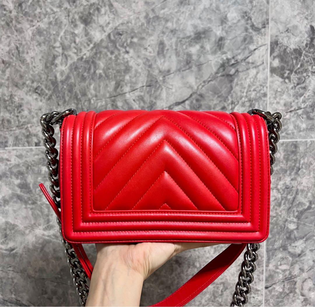 Chanel Boy Small Lambskin Red No 24 with card - Luxury Evermore