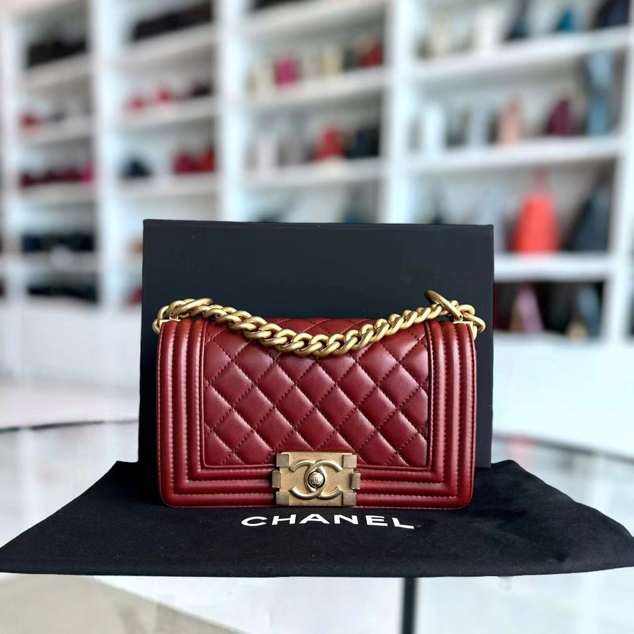 Chanel Boy Small Quilted Lambskin Dark Red Golden Hardware Leboy Series 24 - Luxury Evermore