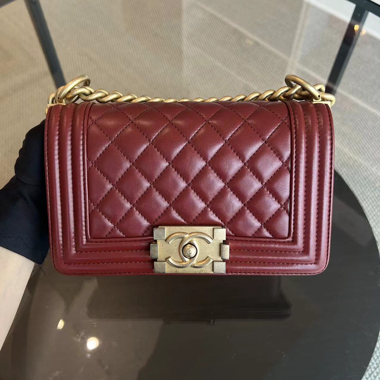 Chanel Boy Small Quilted Lambskin Dark Red Golden Hardware Leboy Series 24 - Luxury Evermore