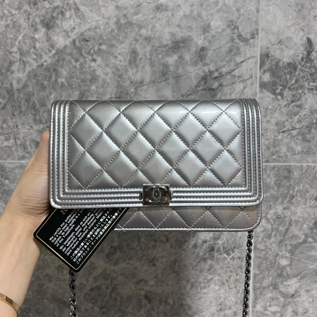 Chanel Boy Wallet On Chain WOC Patent Leather Silver - Luxury Evermore