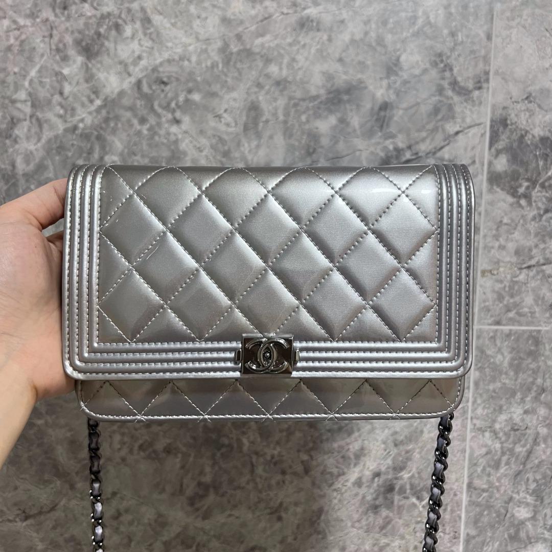 Chanel Boy Wallet On Chain WOC Patent Leather Silver - Luxury Evermore