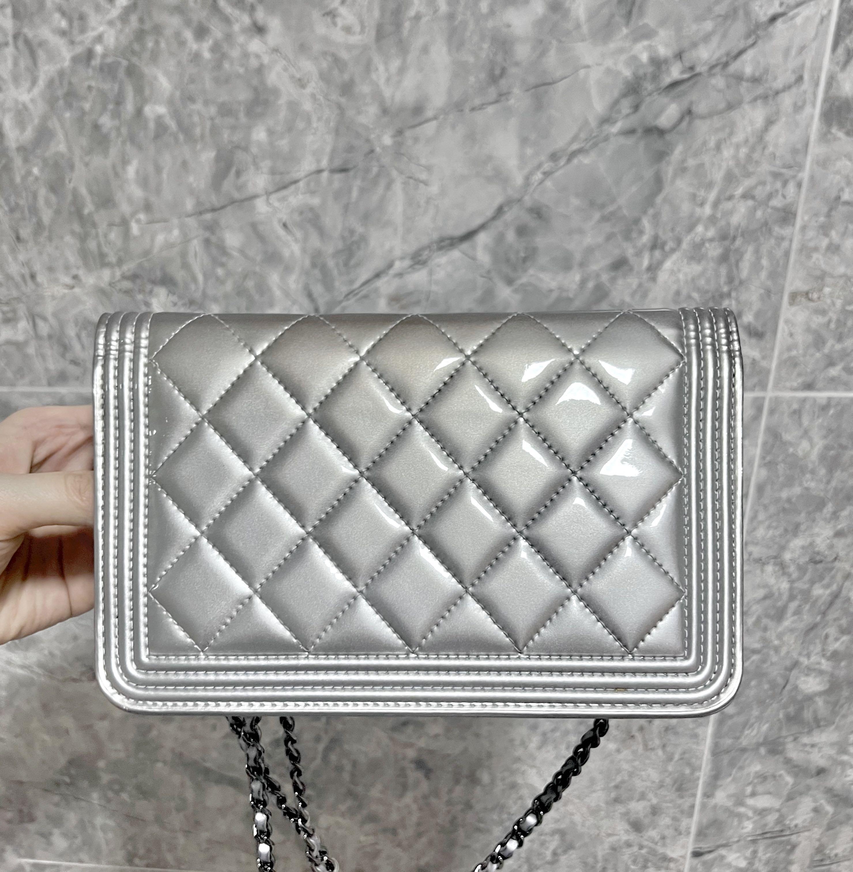 Chanel Boy Wallet On Chain WOC Patent Leather Silver - Luxury Evermore