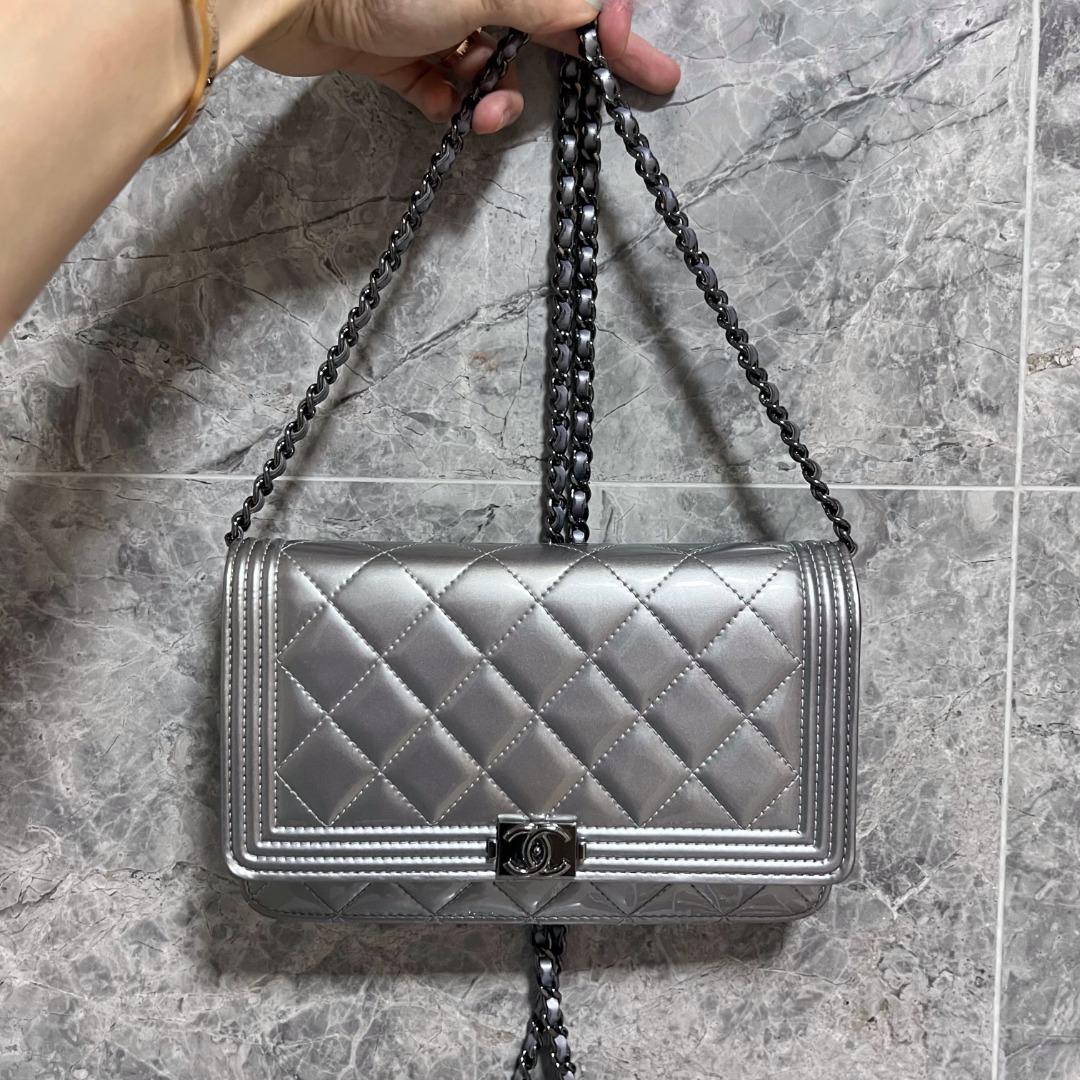 Chanel Boy Wallet On Chain WOC Patent Leather Silver - Luxury Evermore